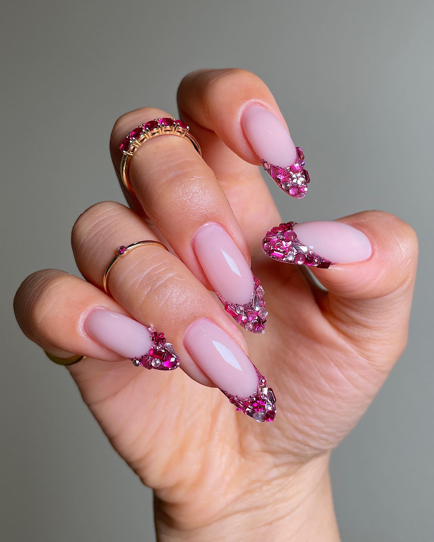 Pink French Tip Chrome Rhinestone Nails
