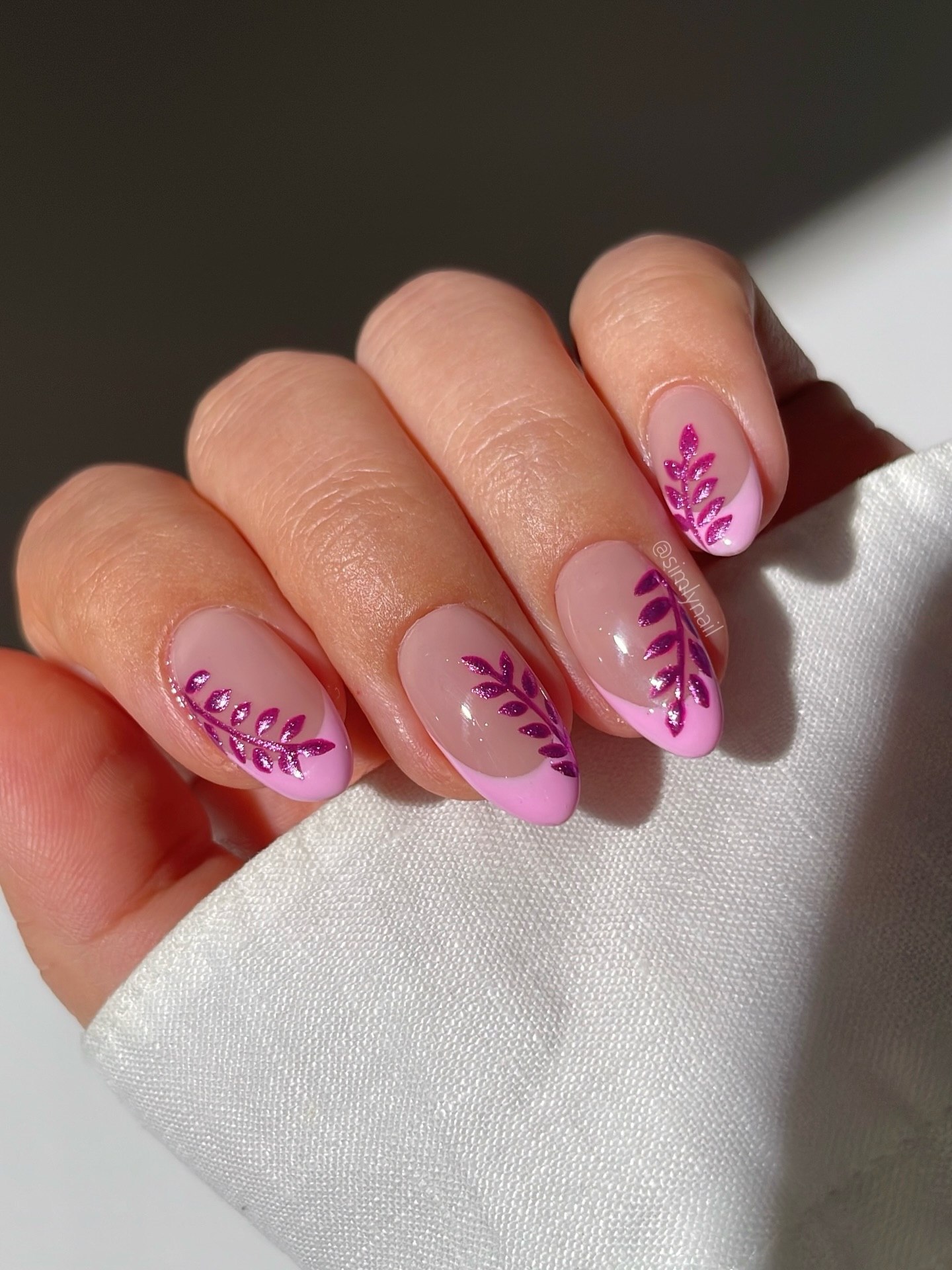 Pink French Tips With Glitter Leaf Accents