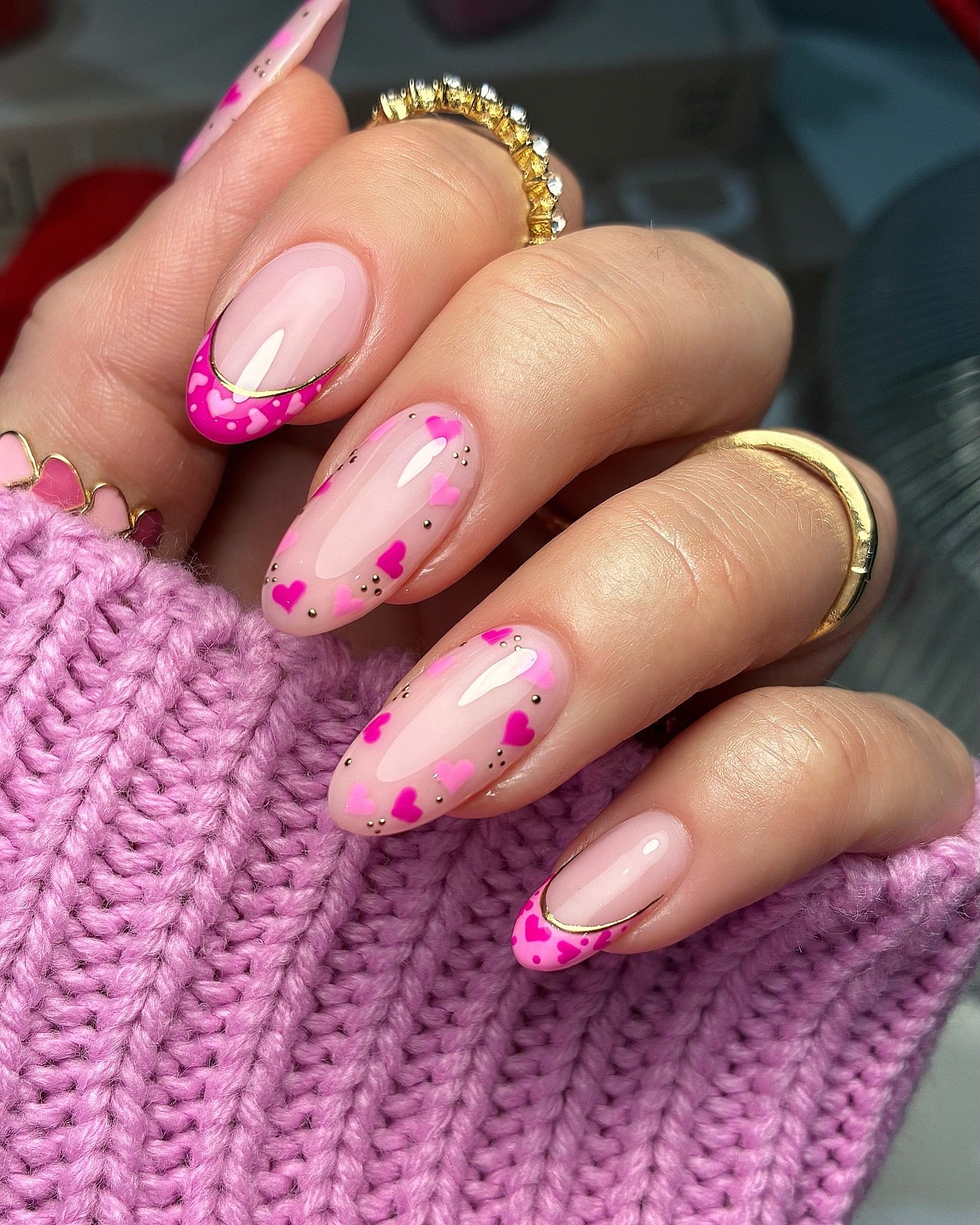 Pink Heart French Tip Almond Nails