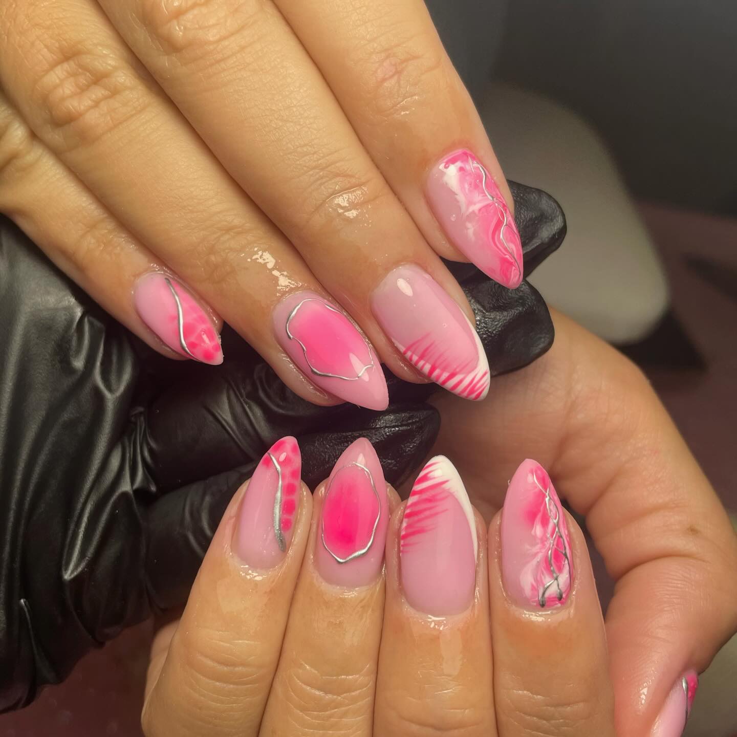 Pink Marble French Tip Almond Nails