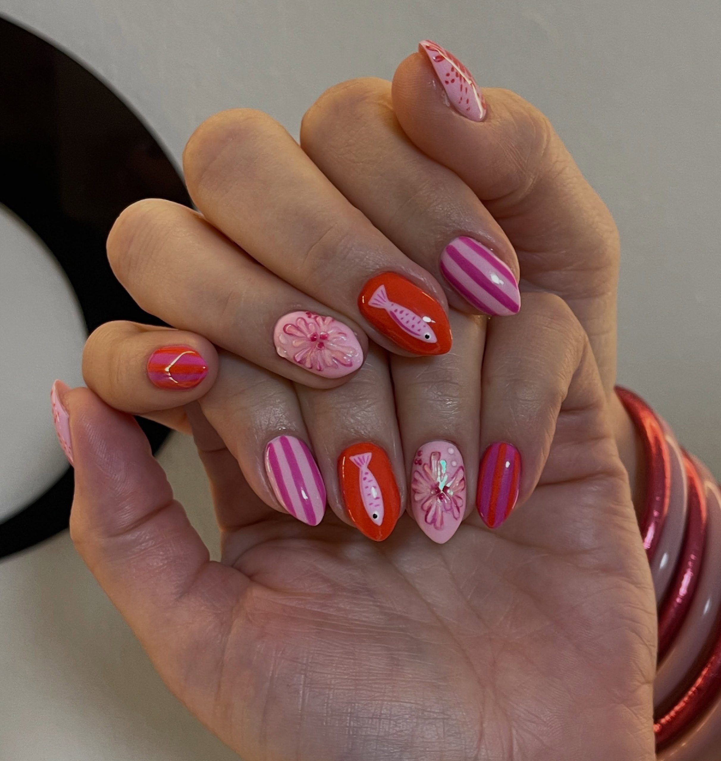 27 End of Summer Nail Ideas for 2026 20 Pink & Orange Playful Fish and Floral Almond Nails