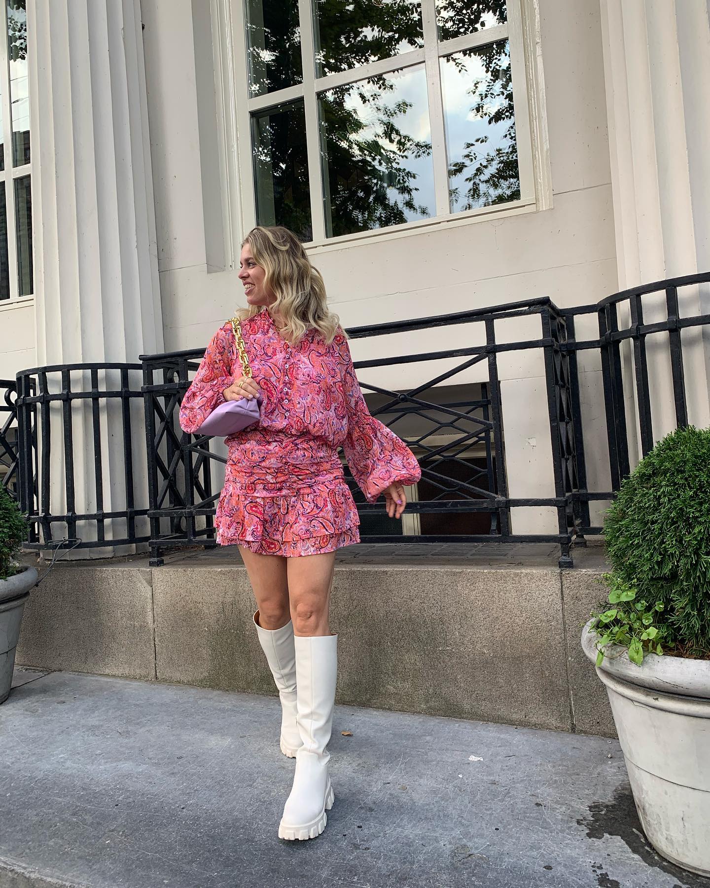 Pink Paisley Print Mini Dress With White Boots