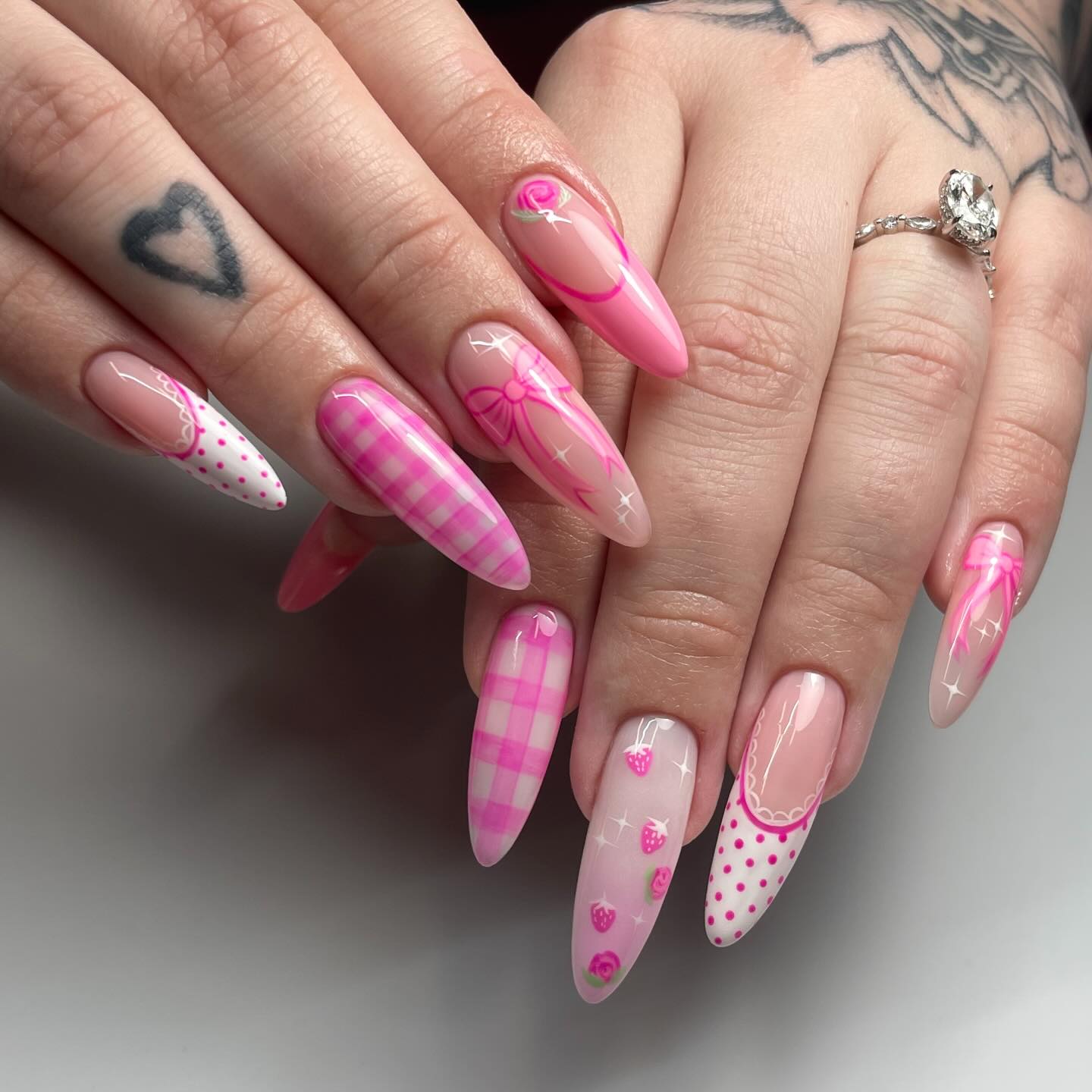 Pink Plaid Strawberry French Tip Nails