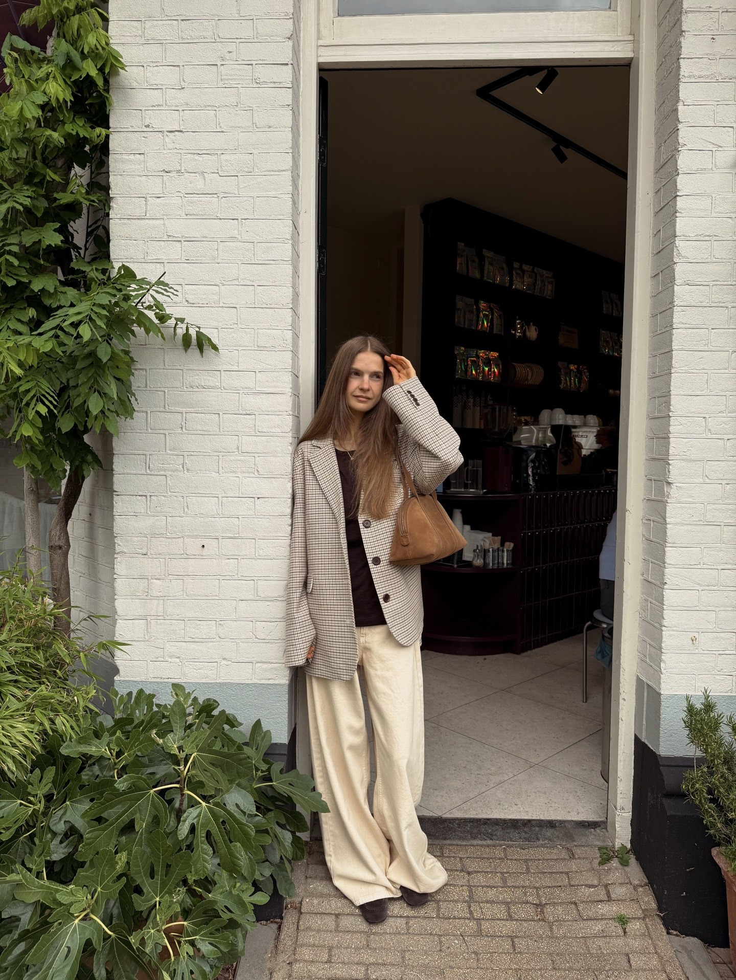 26 Blazer Outfit Ideas You Need for 2026 23 Plaid Blazer With Cream Wide Leg Trousers Outfit