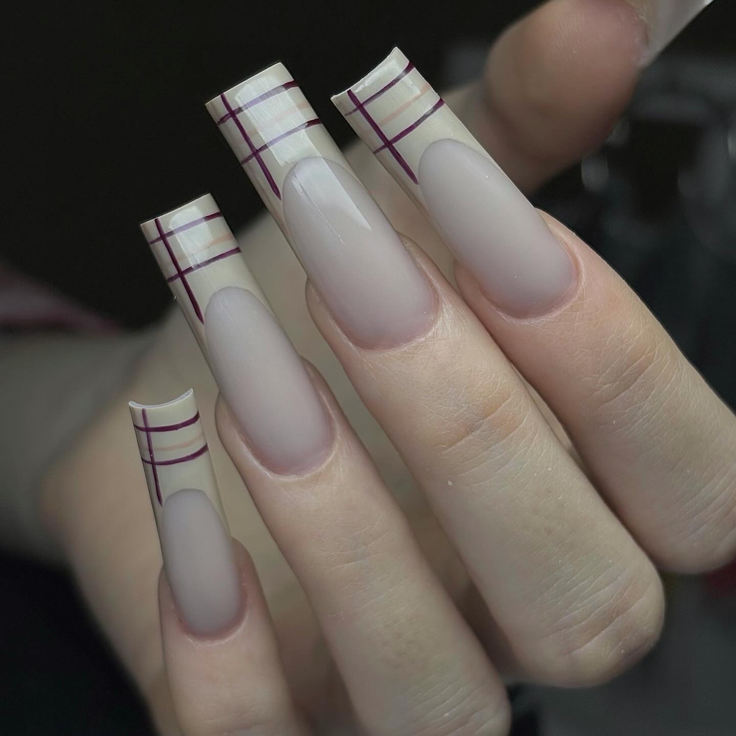 Plaid French Tips Matte Square Nails