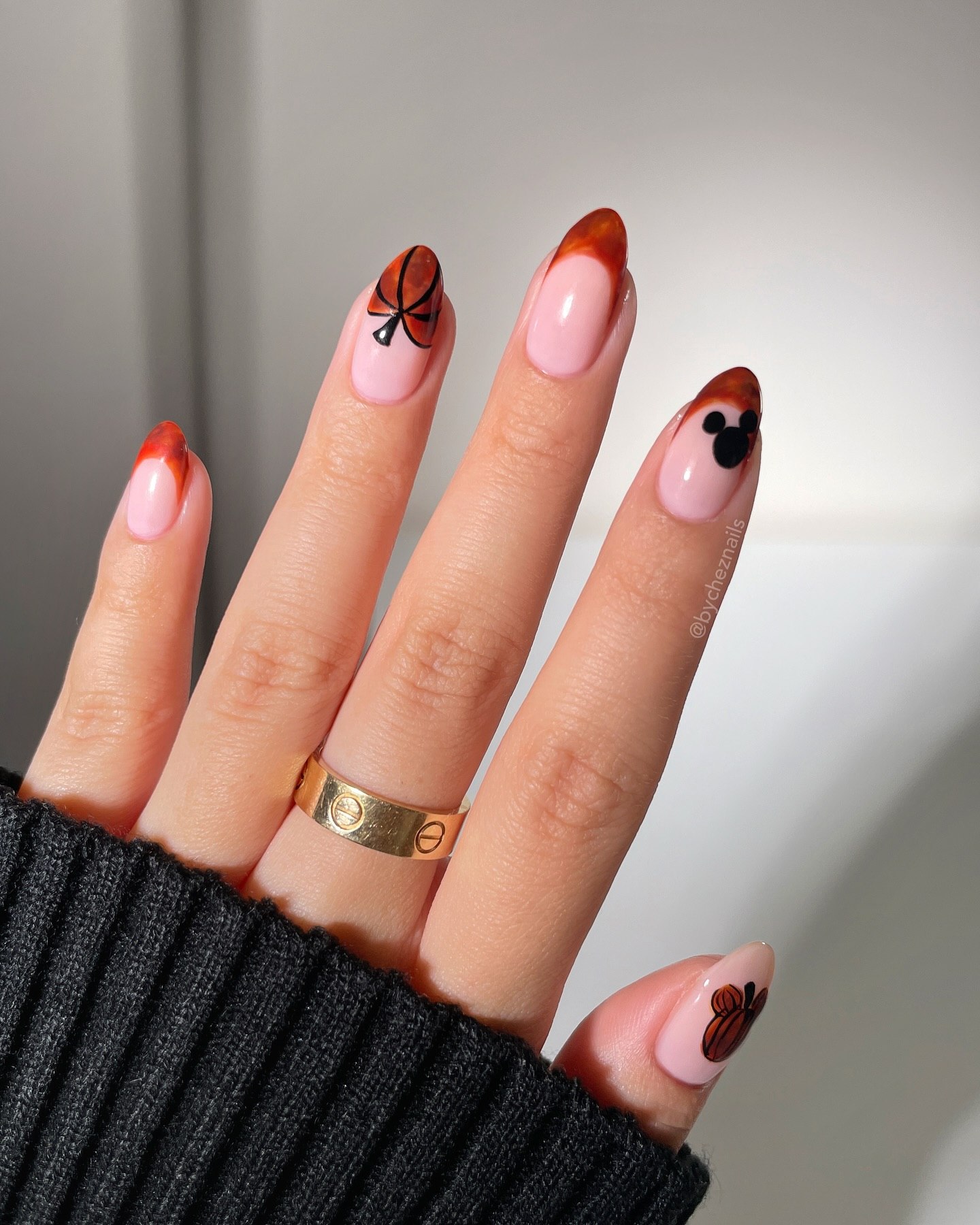 Playful Mickey & Pumpkin French Tip Almond Nails