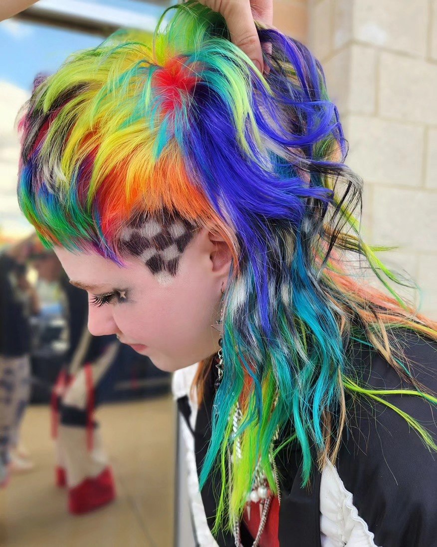 25 Wild Clown Hairstyles for 2026 You Need to See 12 Rainbow Mullet With Checkerboard Undercut