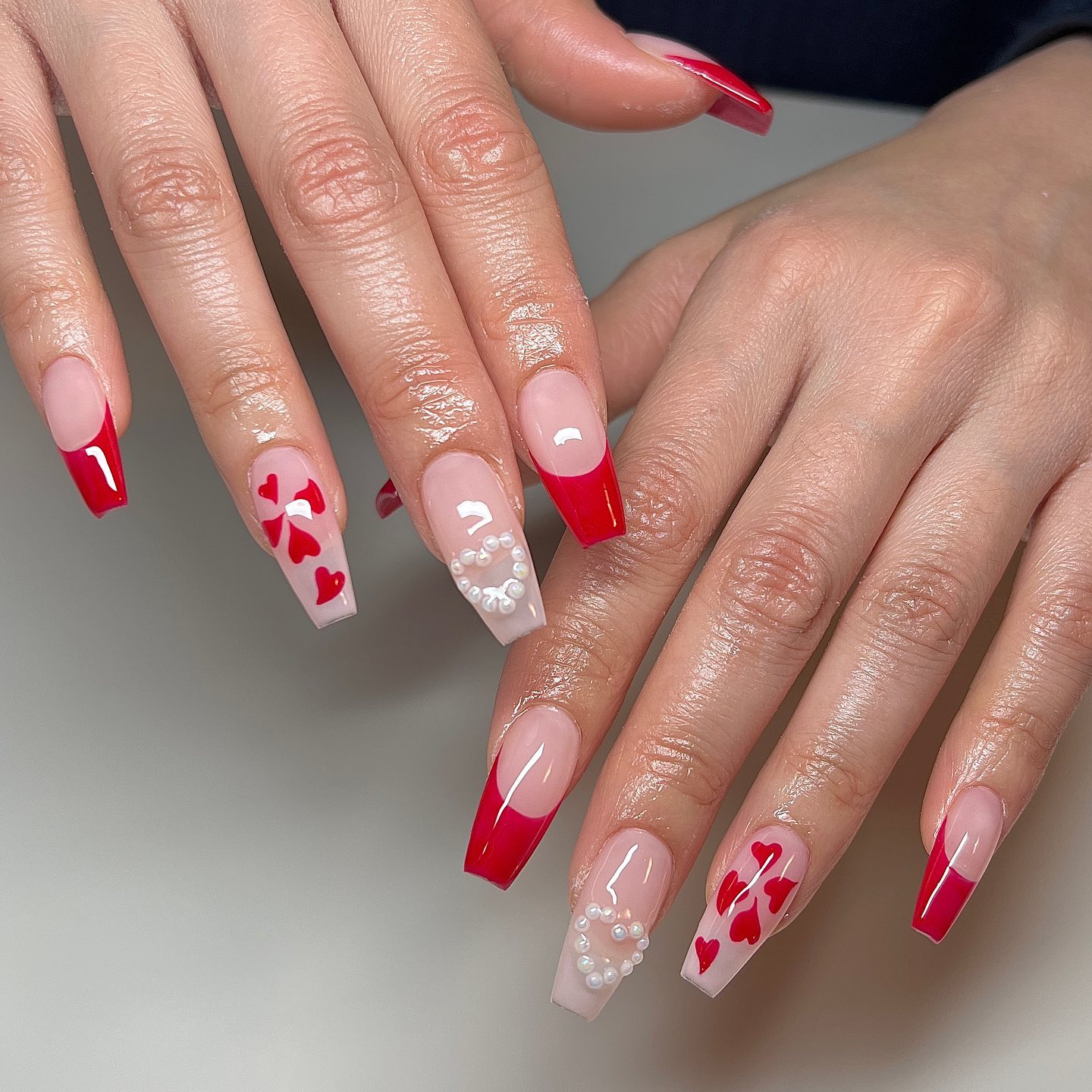 Red French Tip Heart Charms Coffin Nails