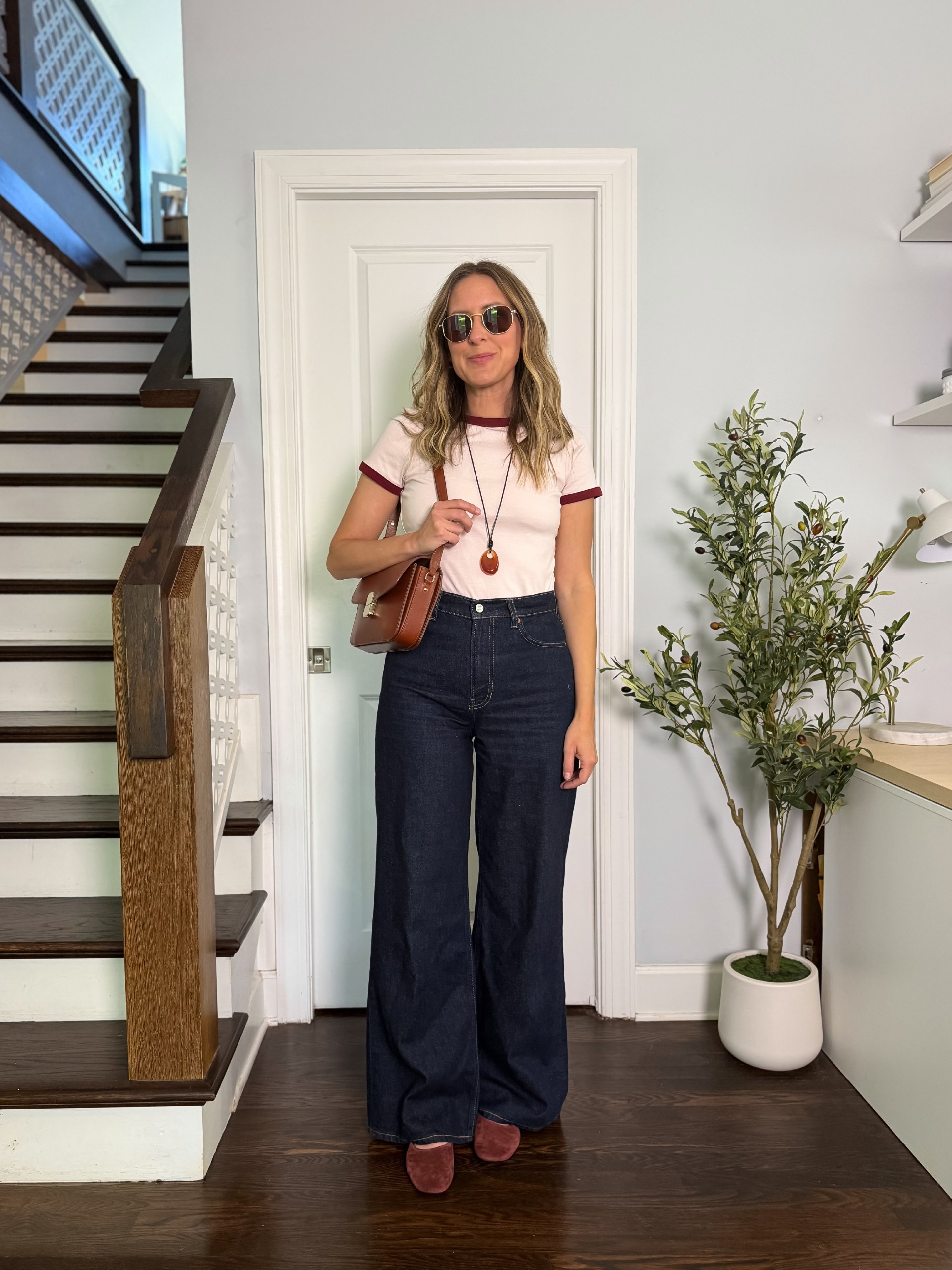Retro Ringer Tee With Dark Wash Wide Leg Jeans