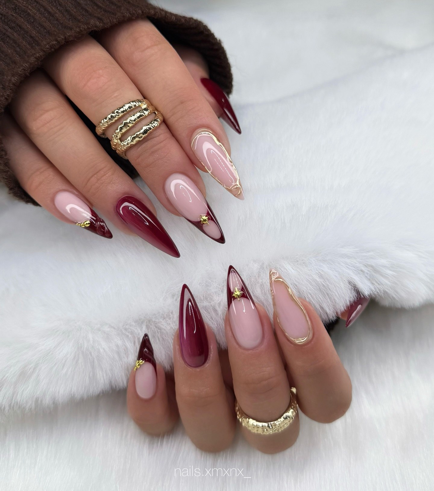 25 Fall Nail Ideas You Need to Try in 2026 26 Rich Burgundy Ombre Stiletto French Tips With Gold Accents
