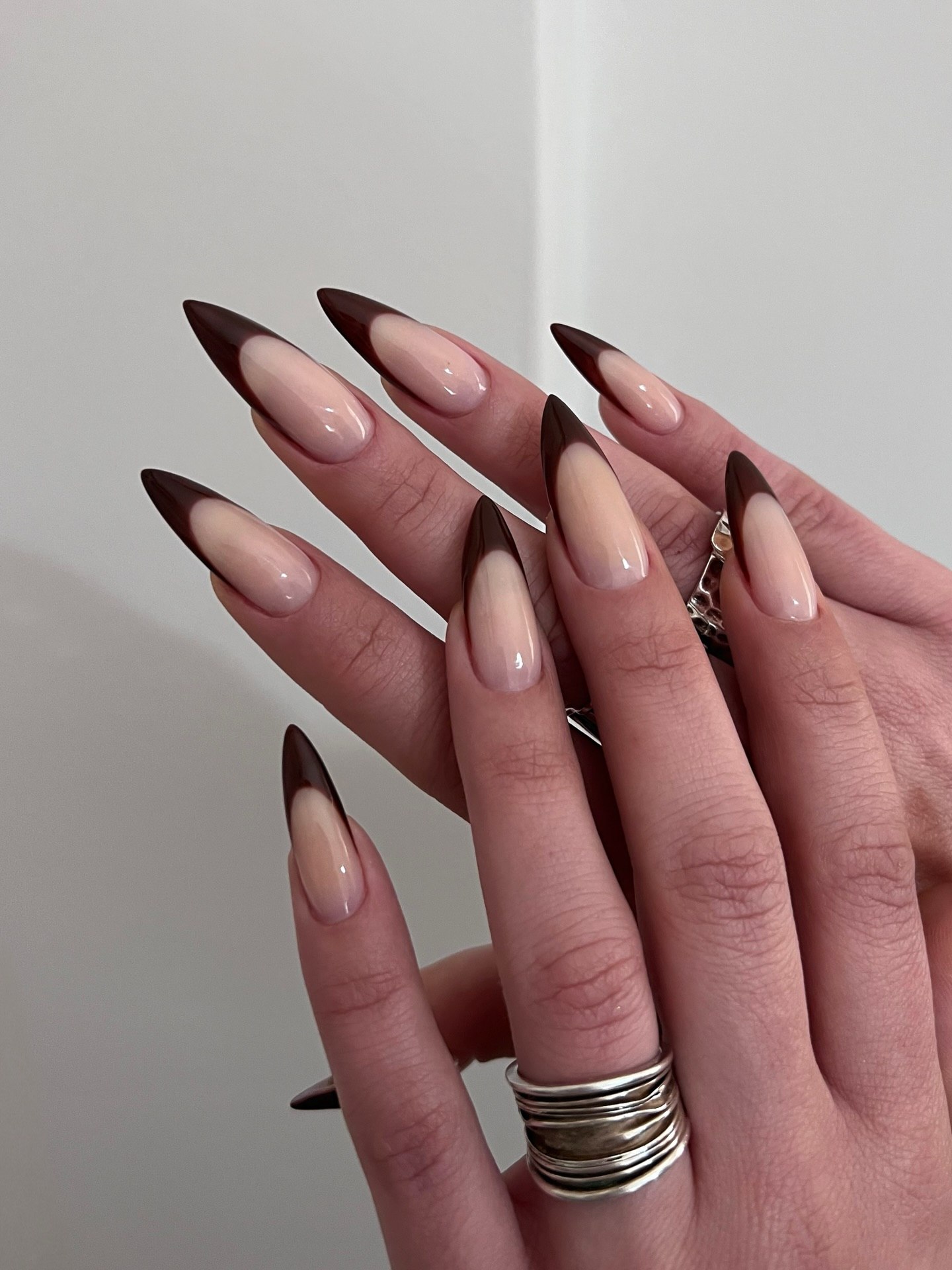 Rich Chocolate French Tip Stiletto Nails
