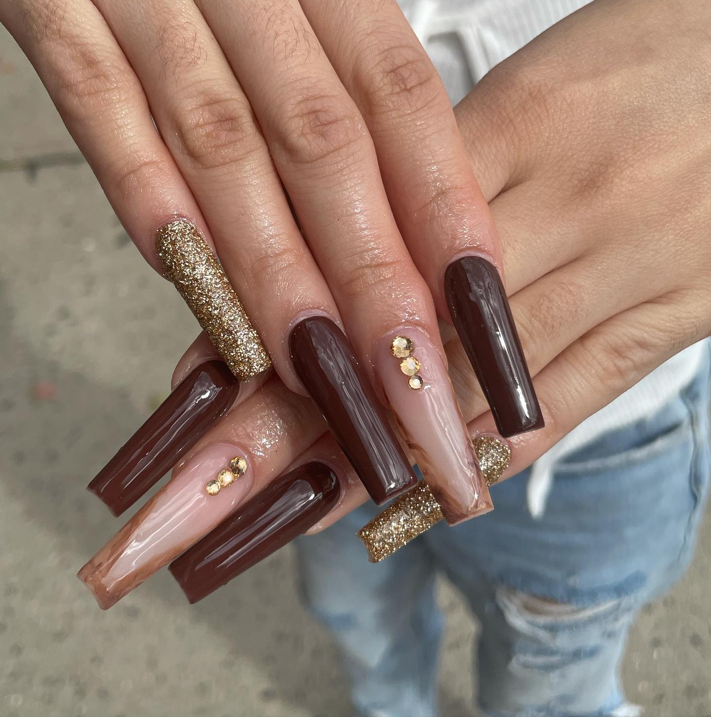 Rich Chocolate & Gold Glitter Coffin Nails