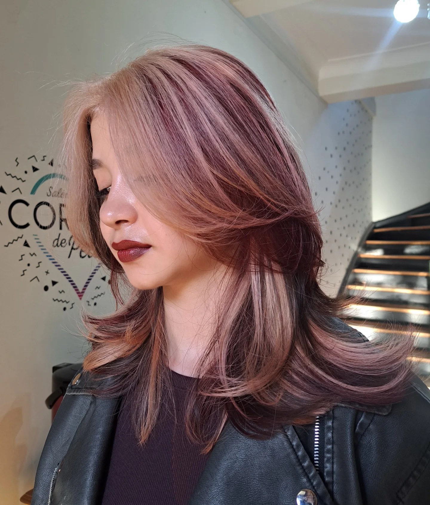 29 Calico Hair Color Styles You Need to See for 2026 9 Rose Gold Balayage With Face Framing Layers