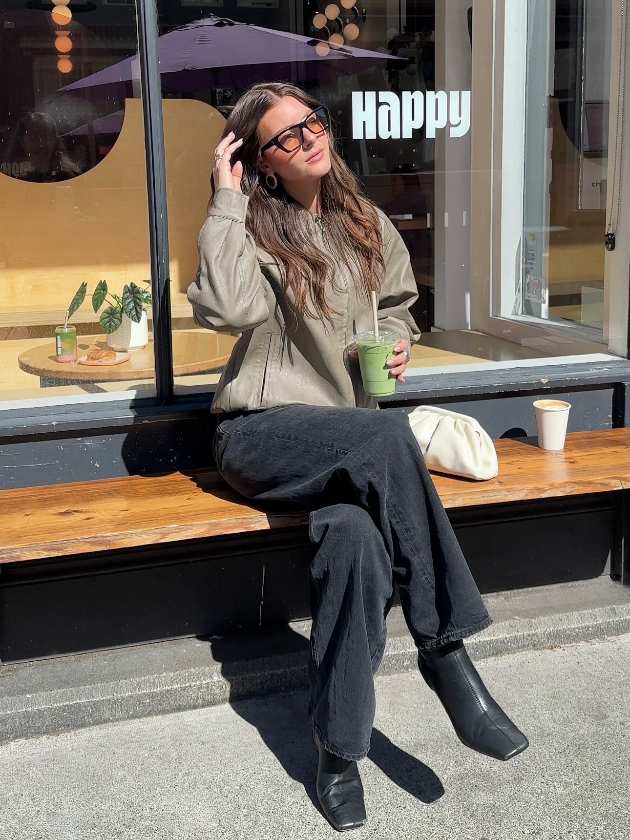 30 Transitional Fall Outfits You Need Now 16 Sage Faux Leather Bomber With Black Wide-Leg Jeans