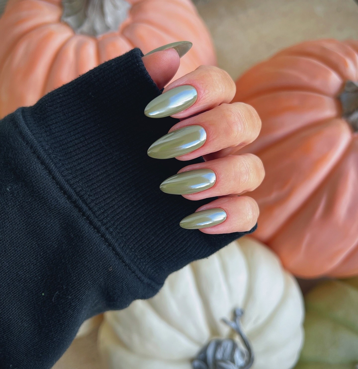 Sage Green Chrome Almond Nails