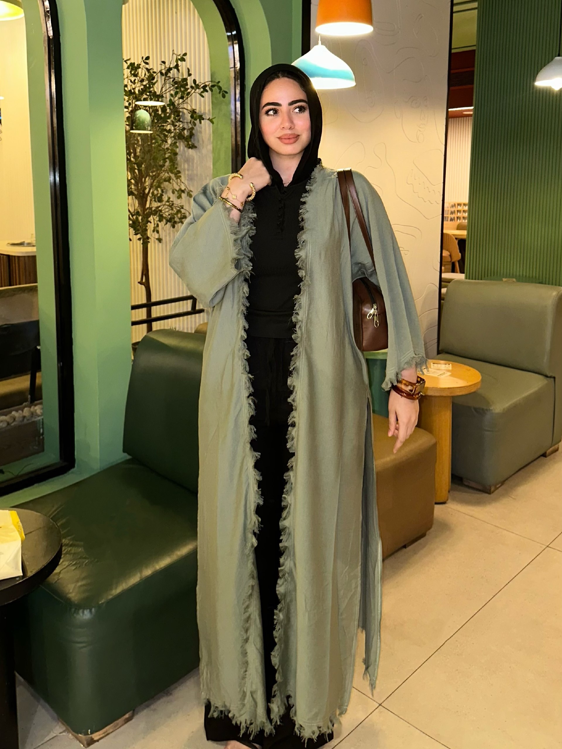 27 Cardigan Outfit Ideas You Need for 2026 19 Sage Green Kimono Abaya With Black Basics