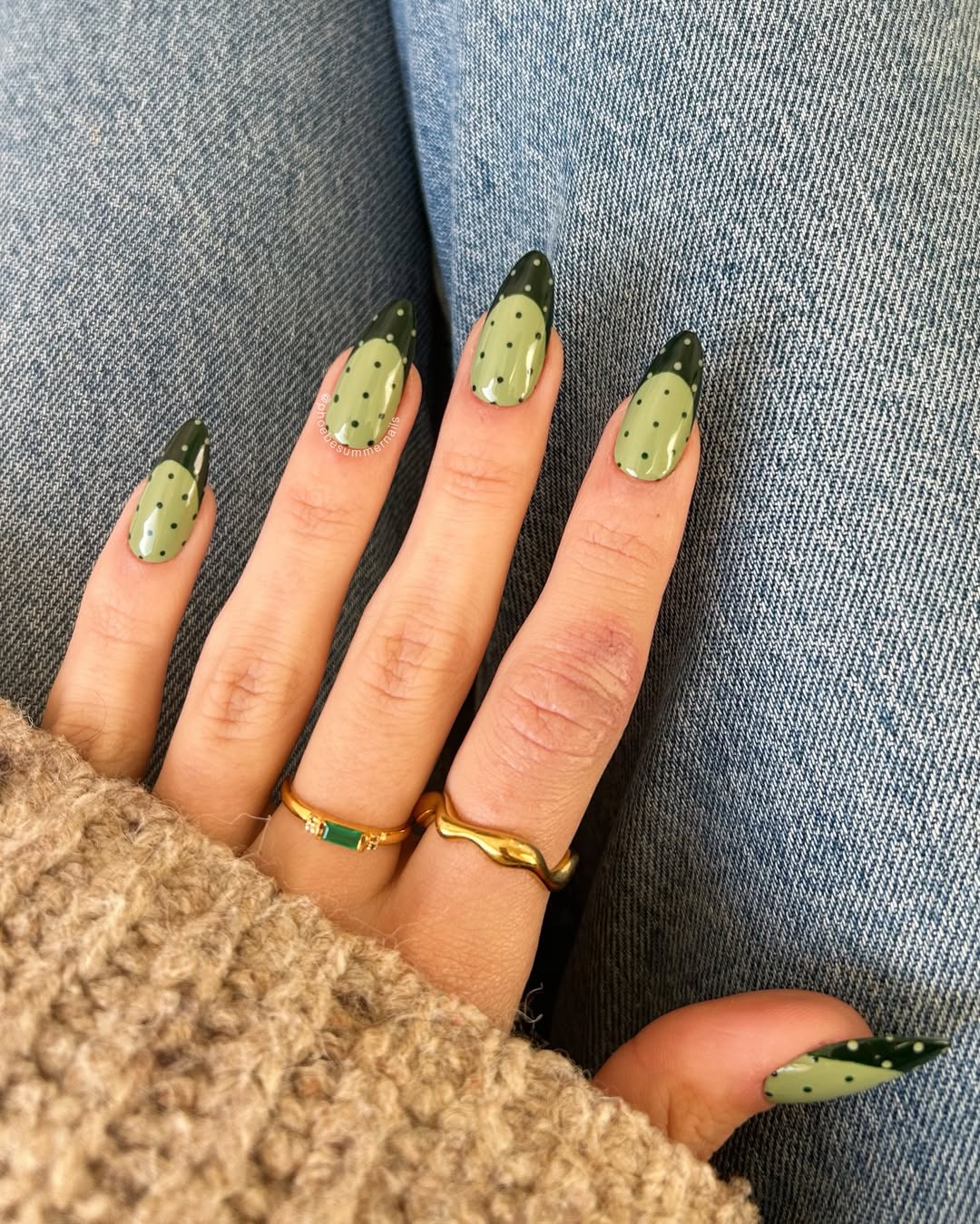 Sage Green Polka Dot Half Moon Nails