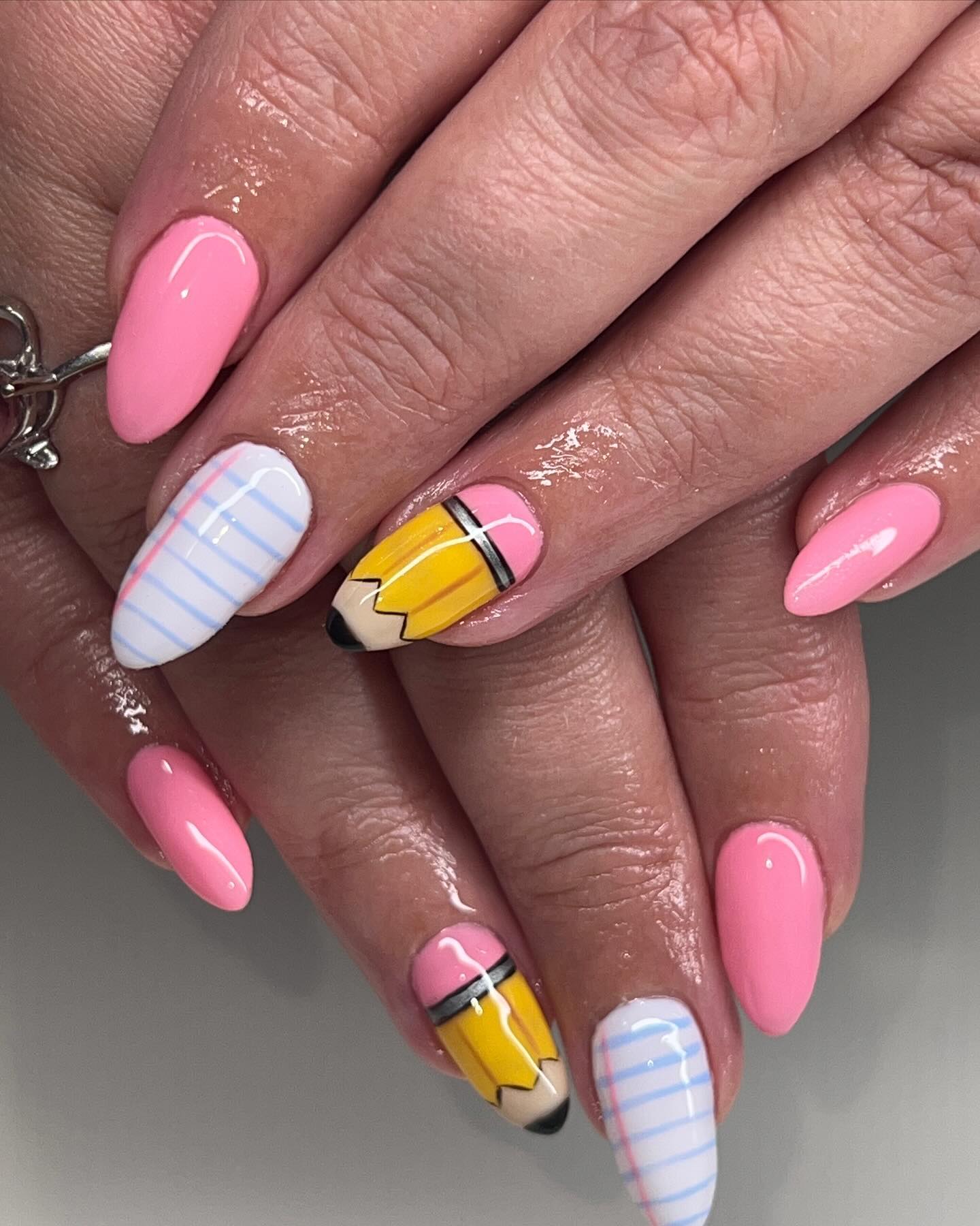 25 Back to School Nail Ideas for 2026 6 School Pencil Pink Almond Nails