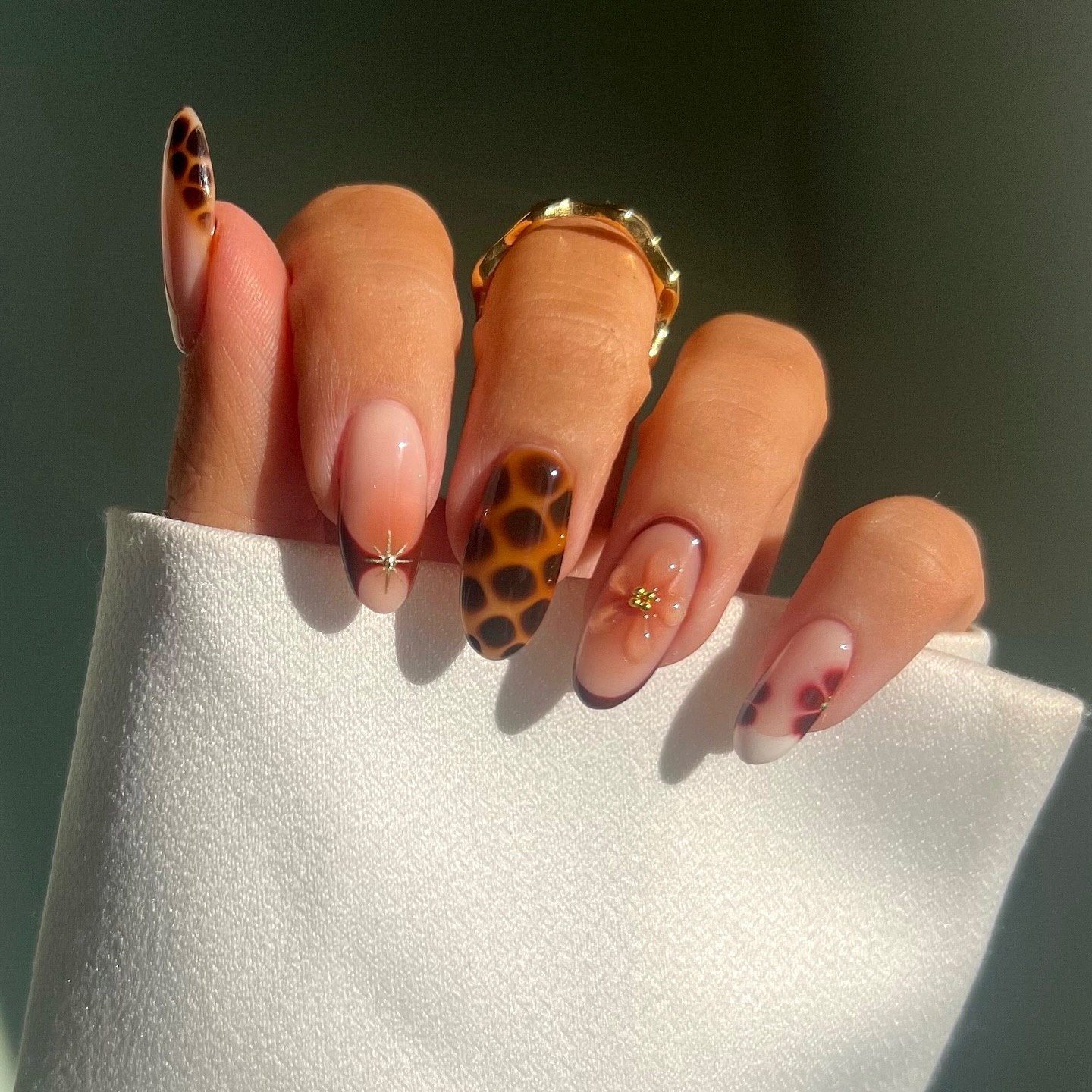 Sheer Leopard French Almond Tips