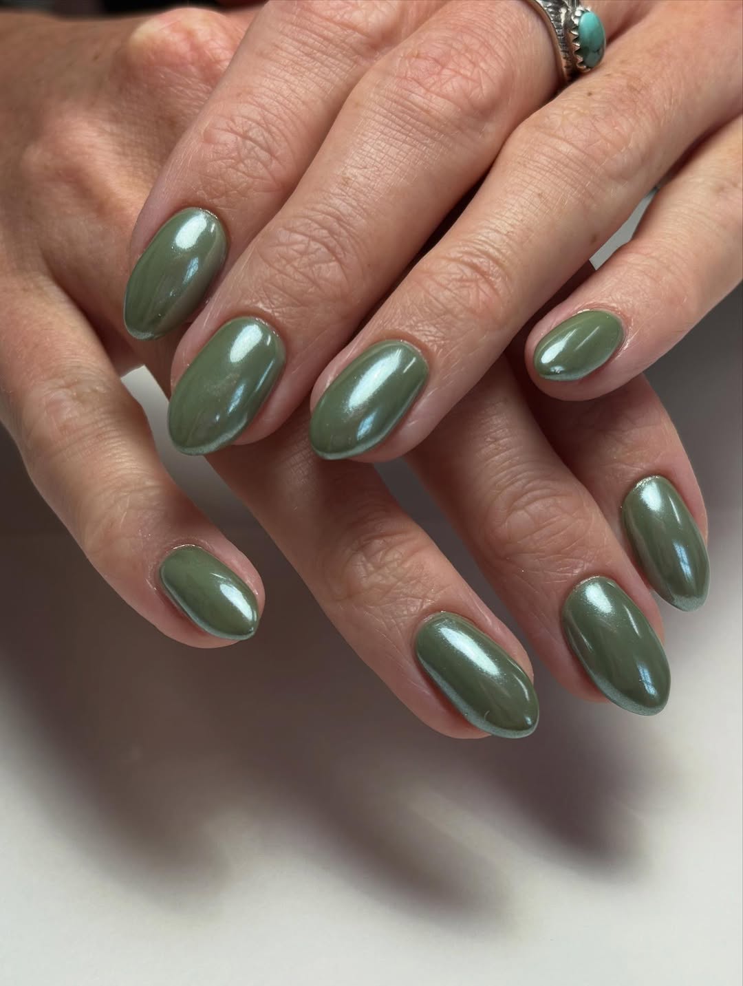Shimmering Olive Green Oval Nails