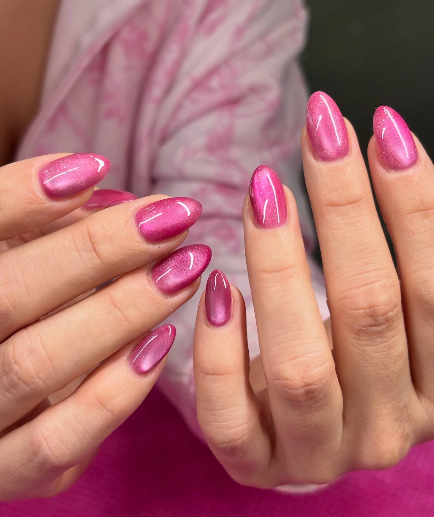 Shimmery Pink Cat Eye Oval Nails
