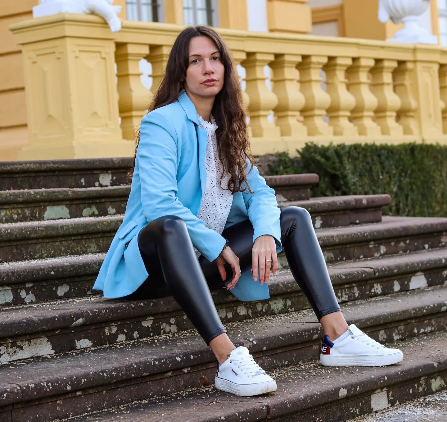26 Blazer Outfit Ideas You Need for 2026 26 Sky Blue Blazer With Leather Leggings And White Sneakers
