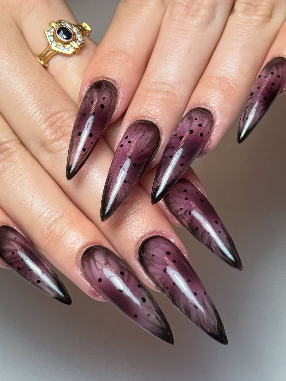Smoky Plum Ombre Stiletto Nails With Black Dots