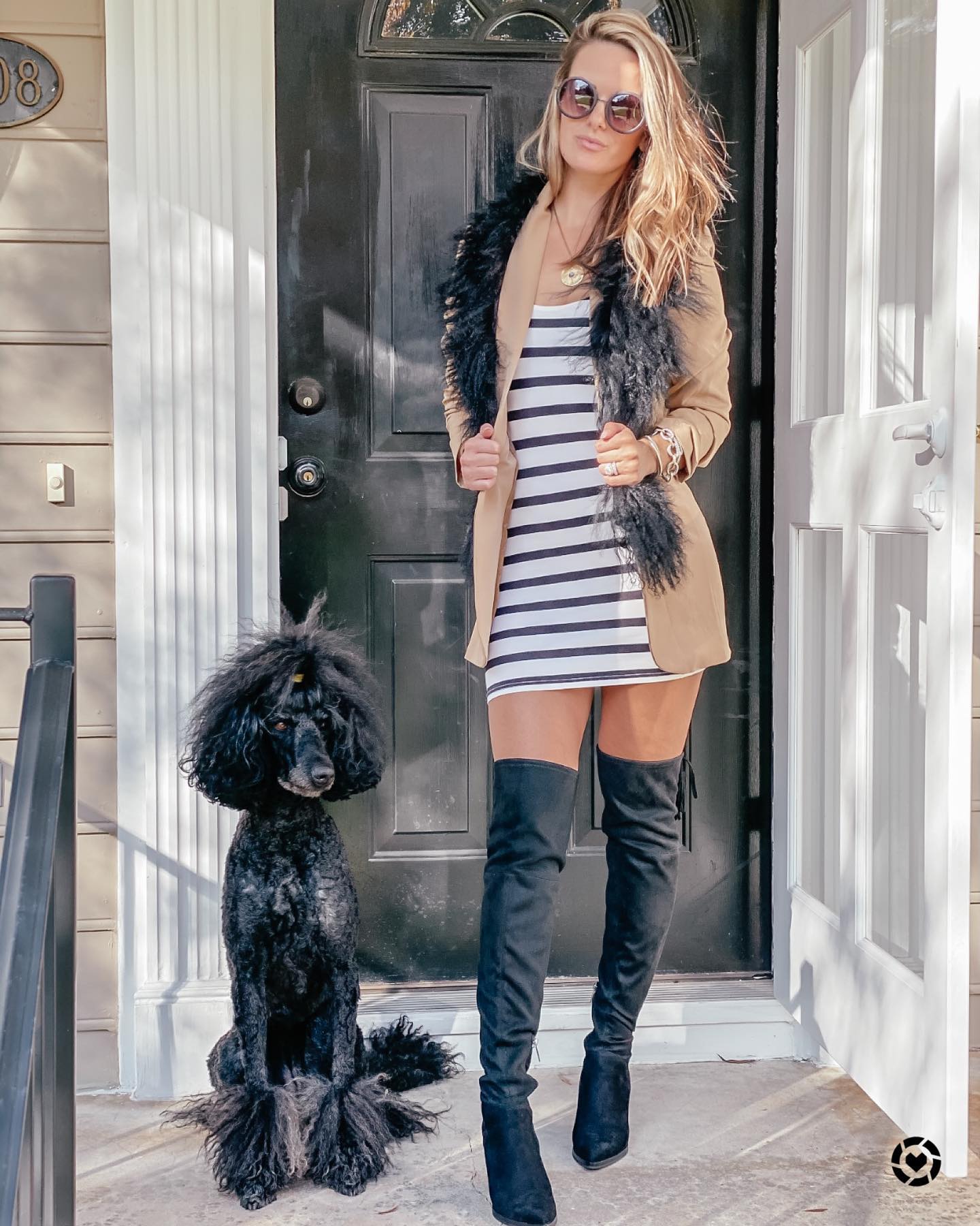 25 Fall Birthday Outfit Ideas You Need for 2026 24 Stripe Mini Dress With Camel Blazer and Over-the-Knee Boots