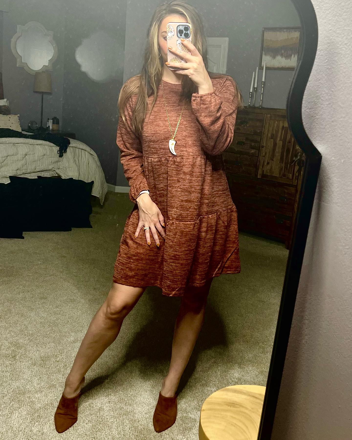 25 Fall Festival Outfits You Need for 2026 19 Textured Rust Tiered Babydoll Dress And Mules