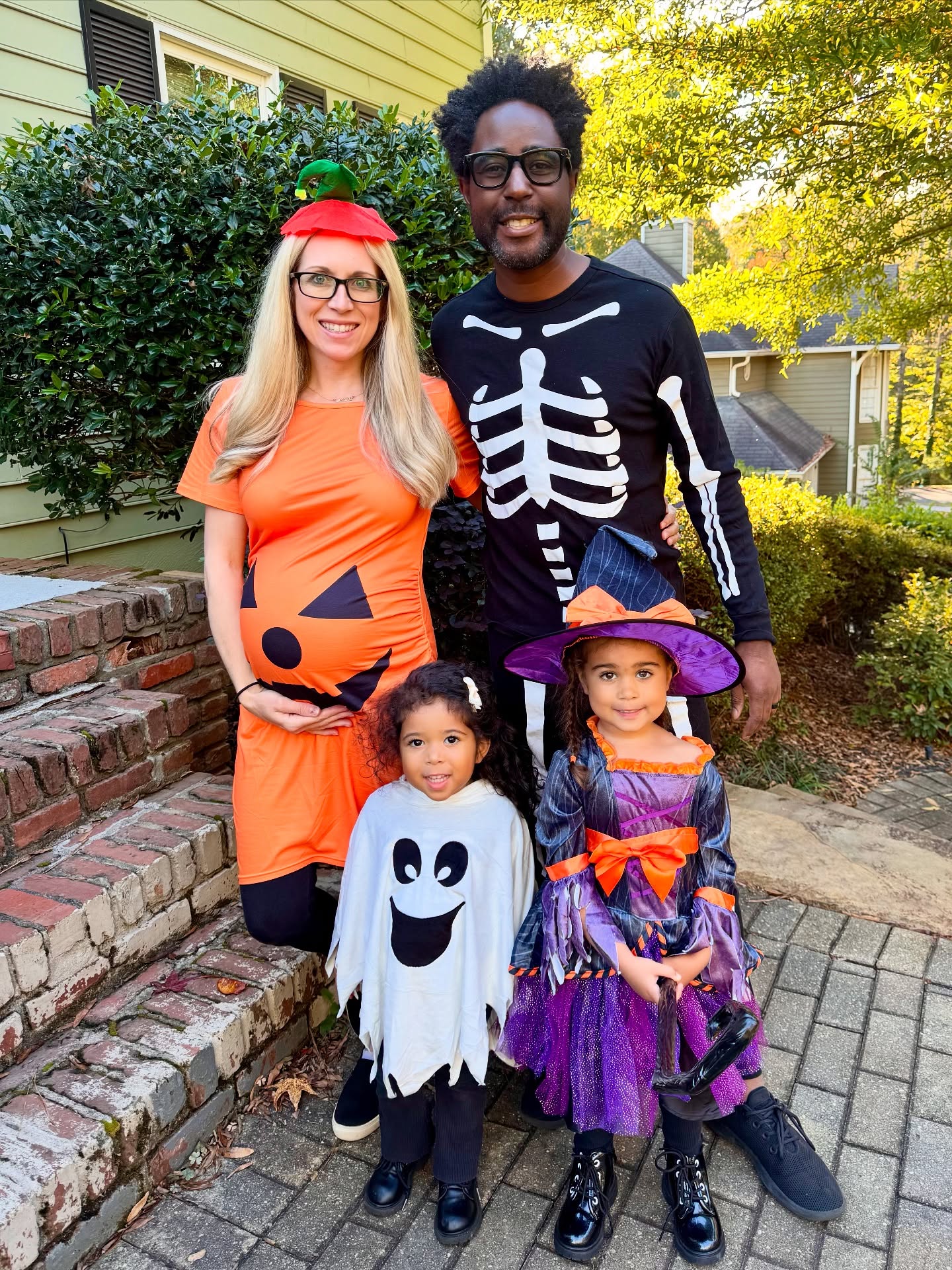 Trio Halloween Costumes: Pumpkin, Skeleton, and Witch