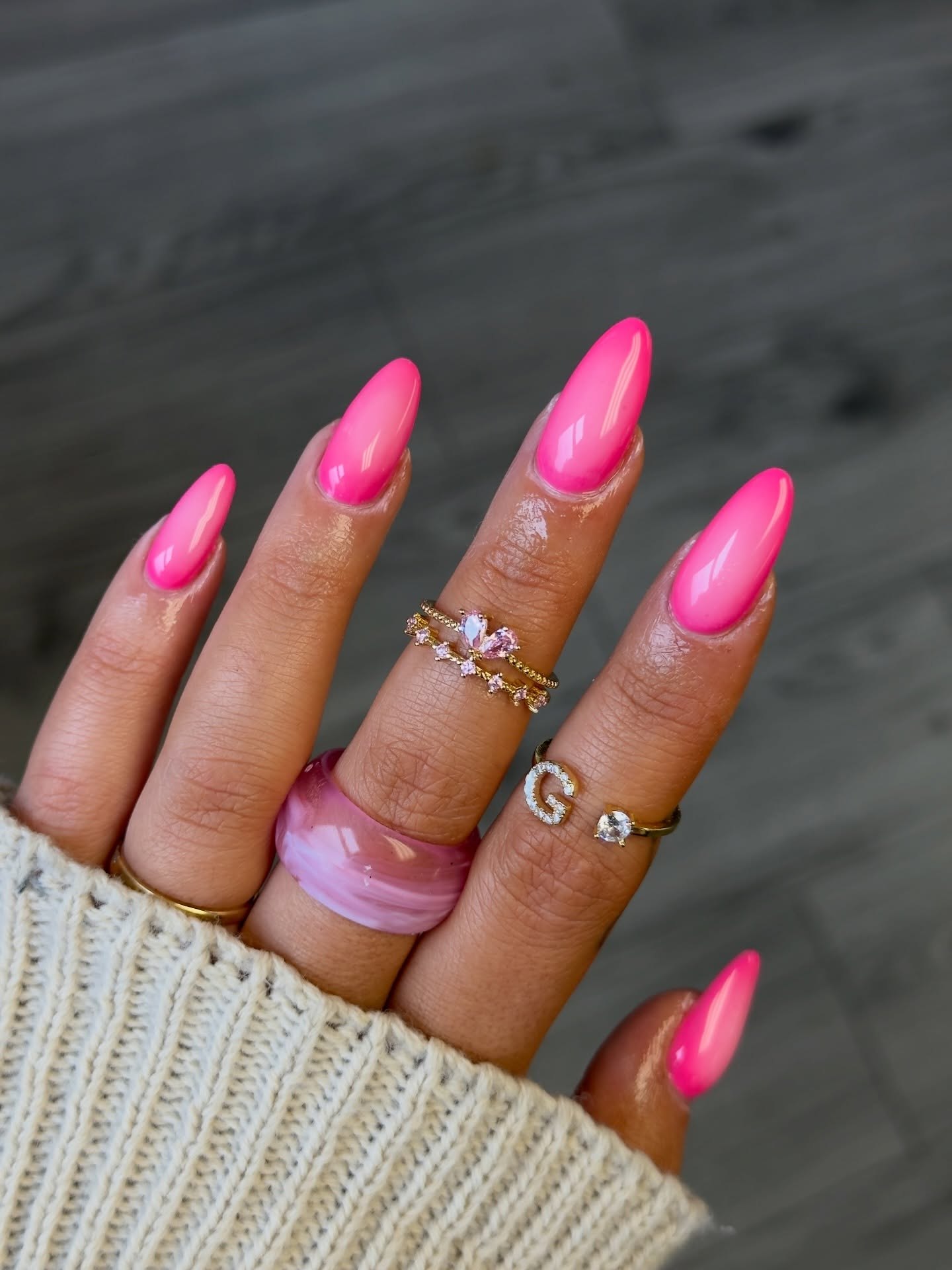 Vibrant Pink Ombre Almond Gel Nails