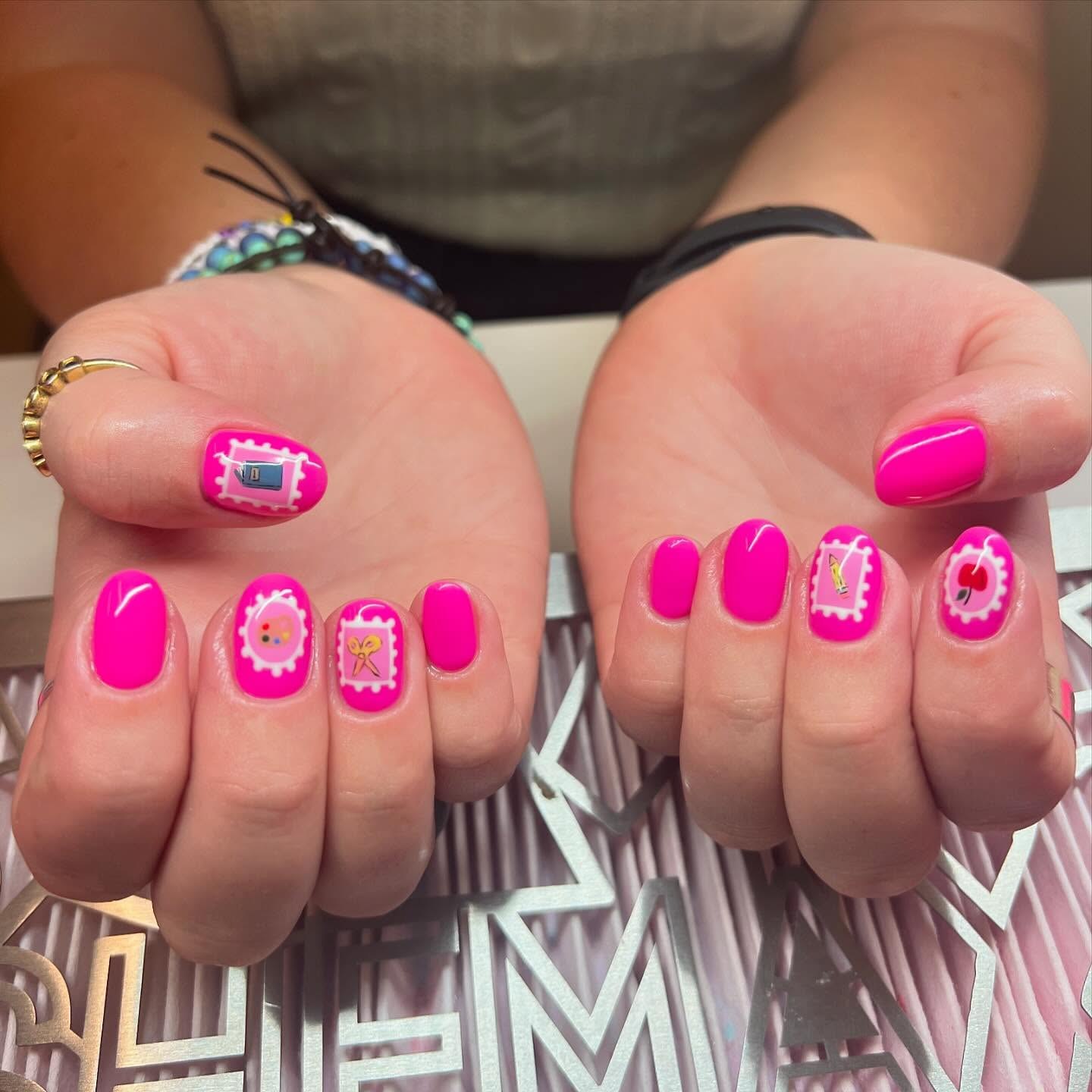 25 Back to School Nail Ideas for 2026 16 Vibrant Pink Stamp Art Medium Almond Nails