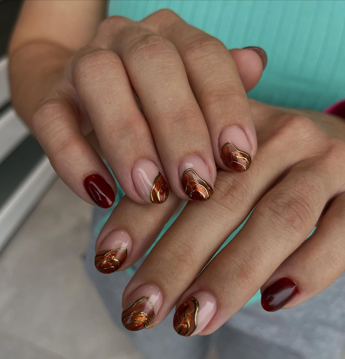Warm Copper Swirl French Tip Nails
