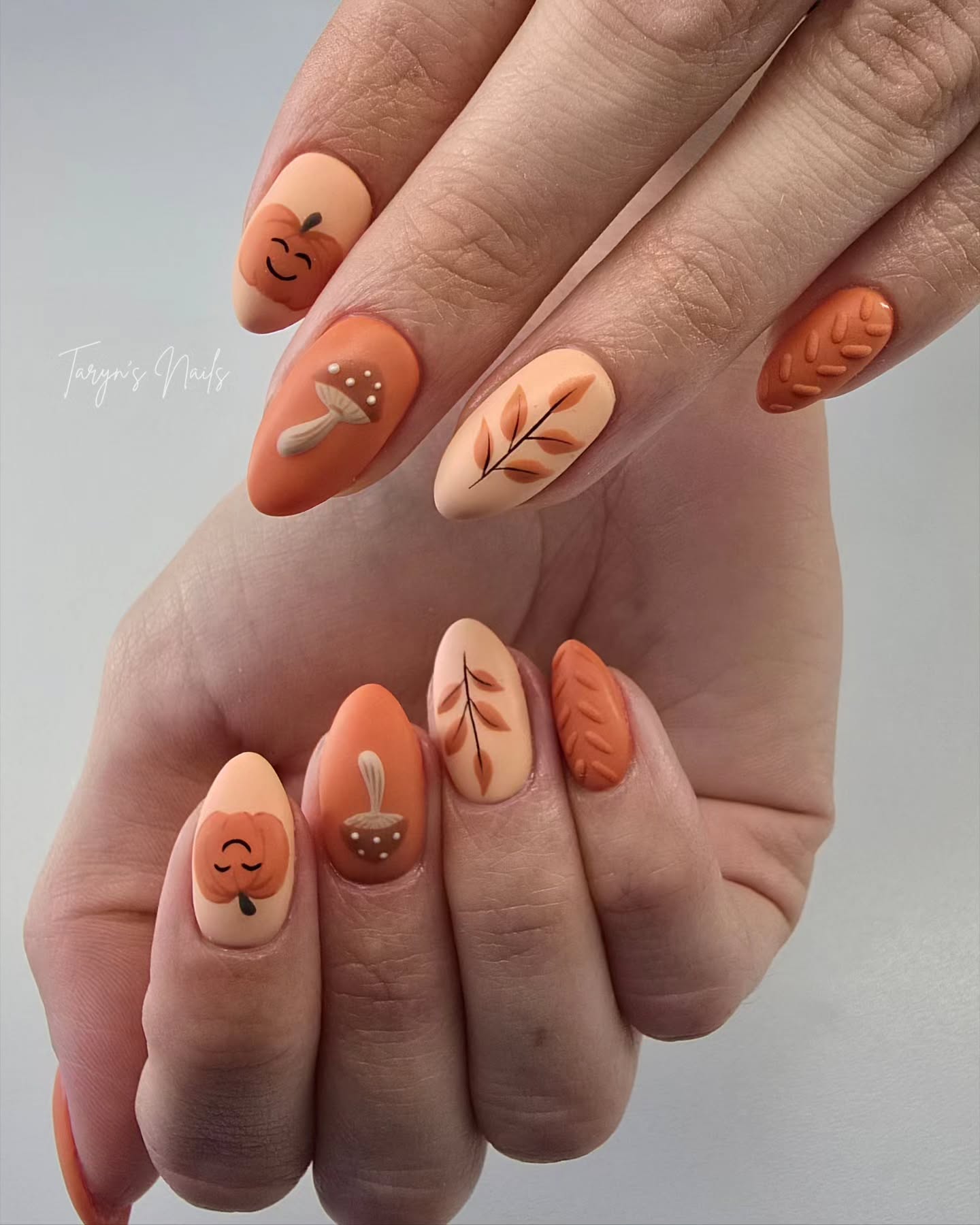 Whimsical Fall Pumpkin & Leaf Almond Nails
