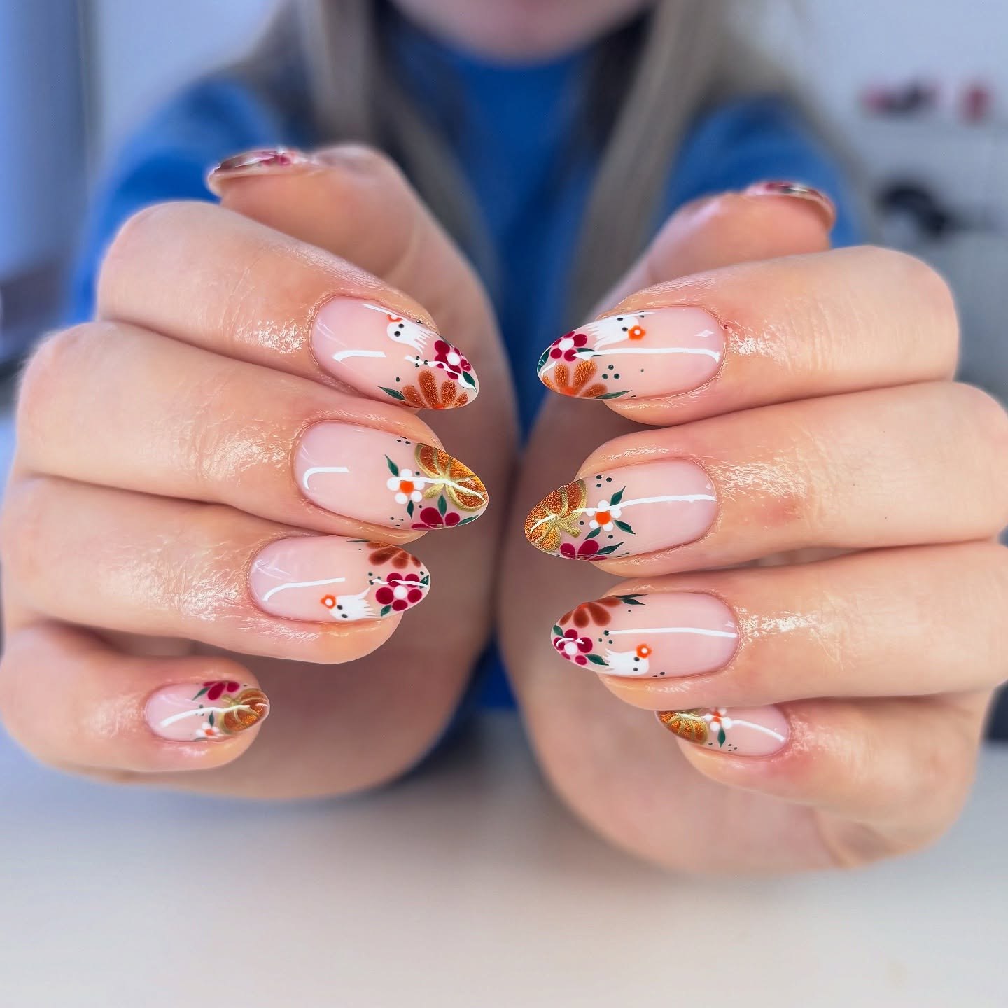 Autumn Floral French Tip Almond Nails