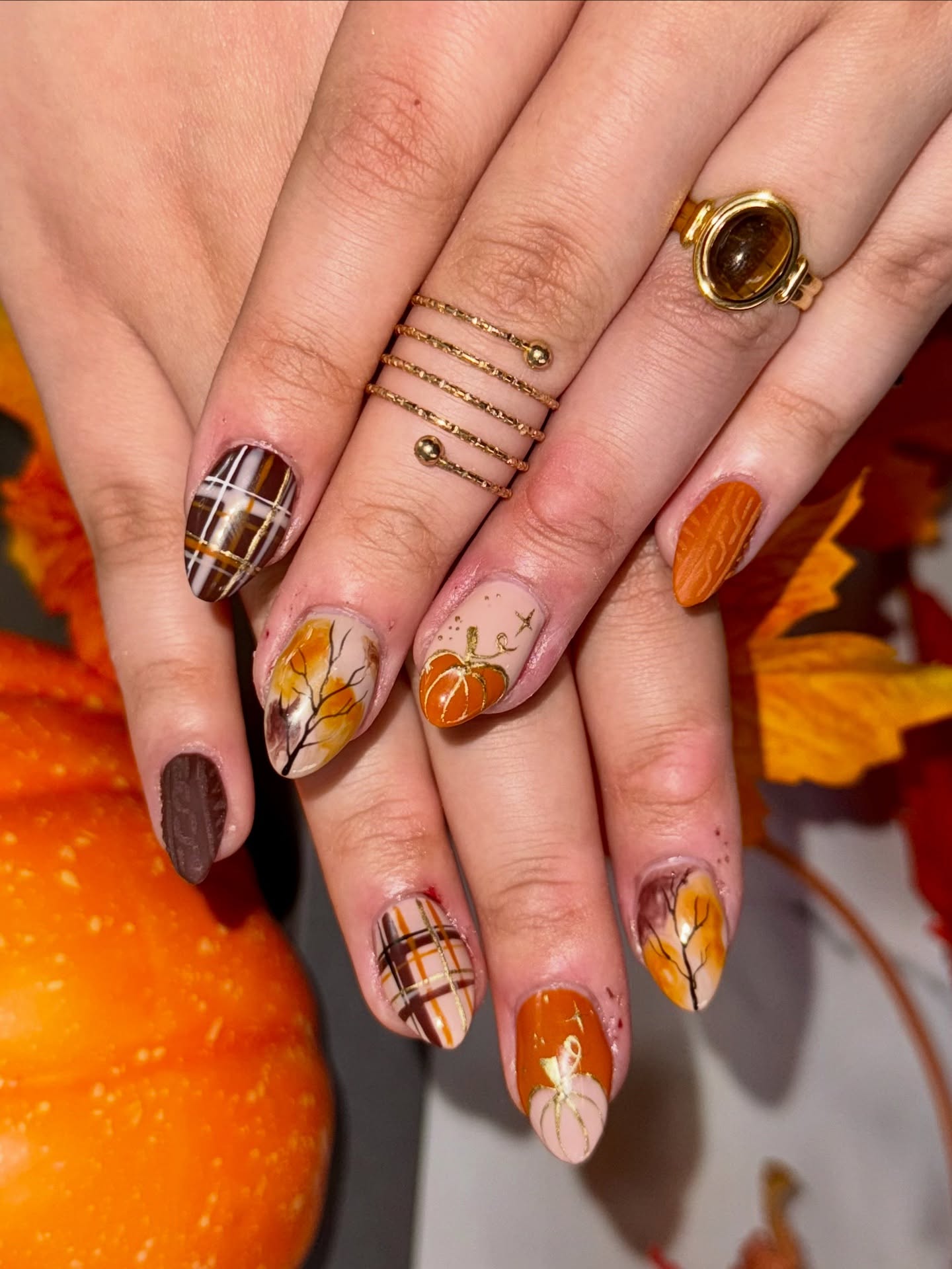 Autumn Harvest Plaid & Pumpkin Almond Nails