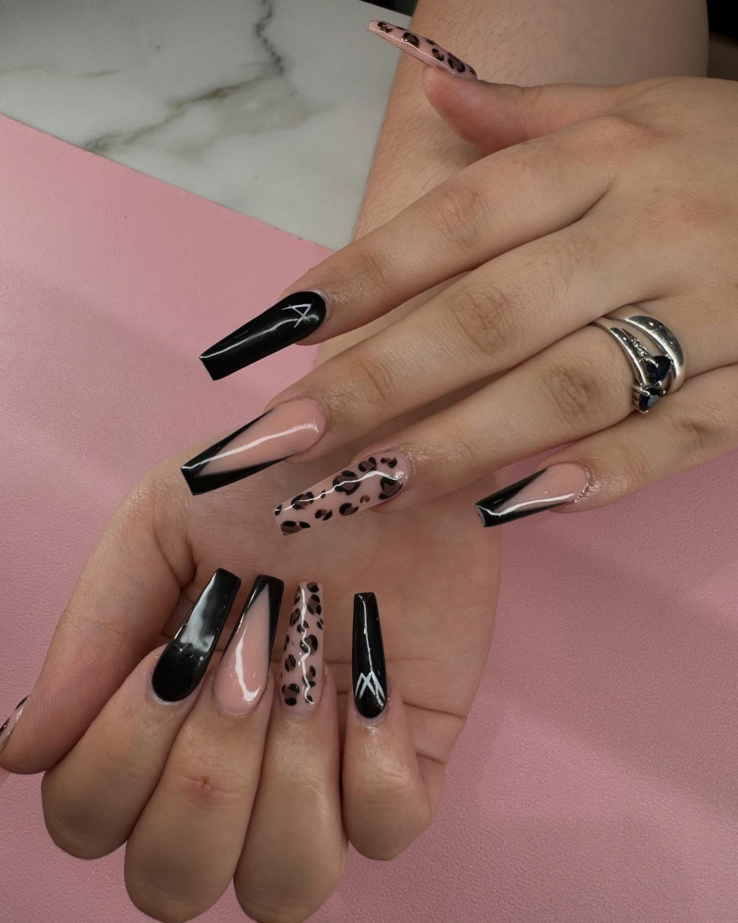 Black And Nude Leopard Print Coffin Nails