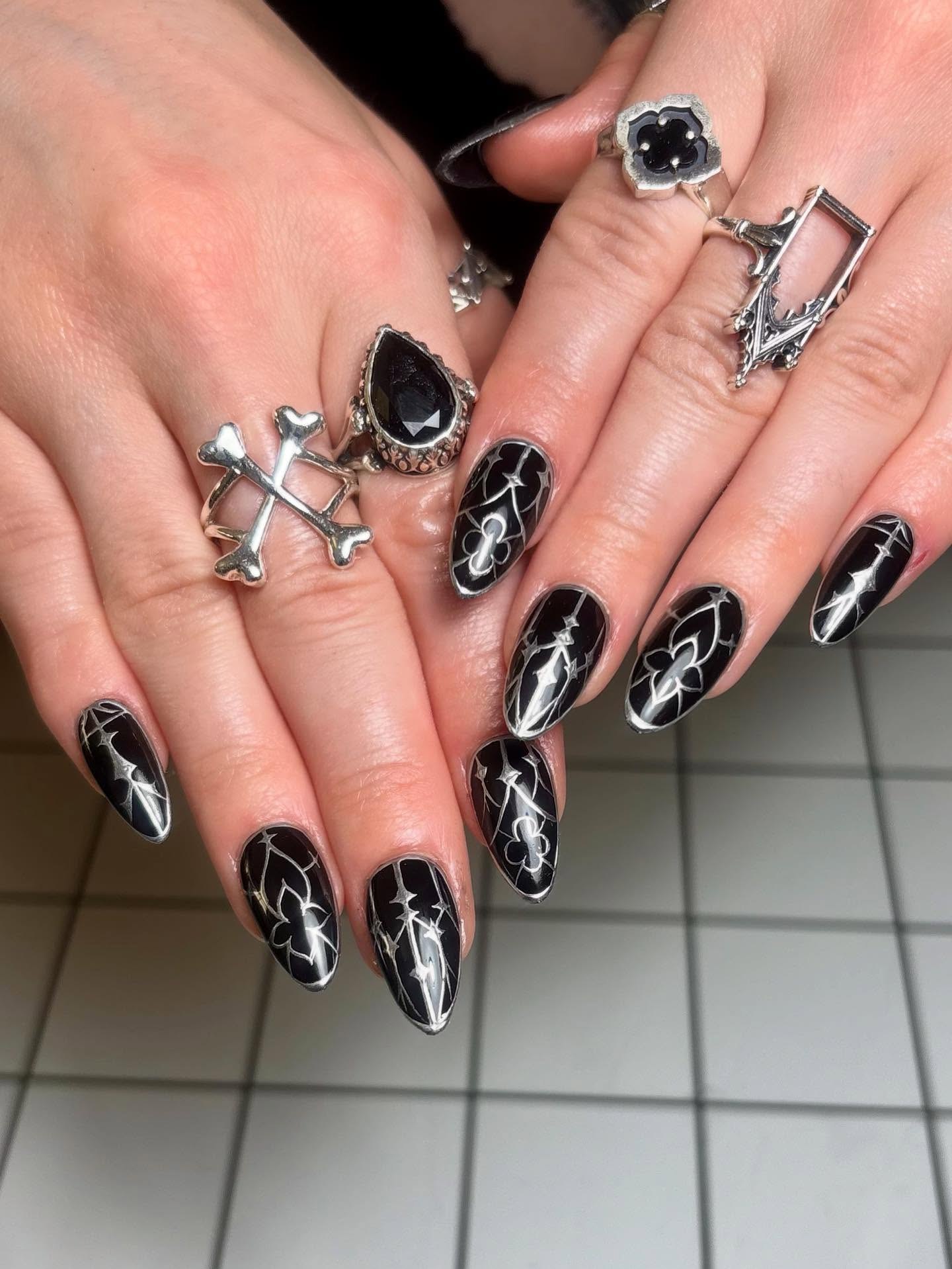 Black Gothic Stained Glass Almond Nails