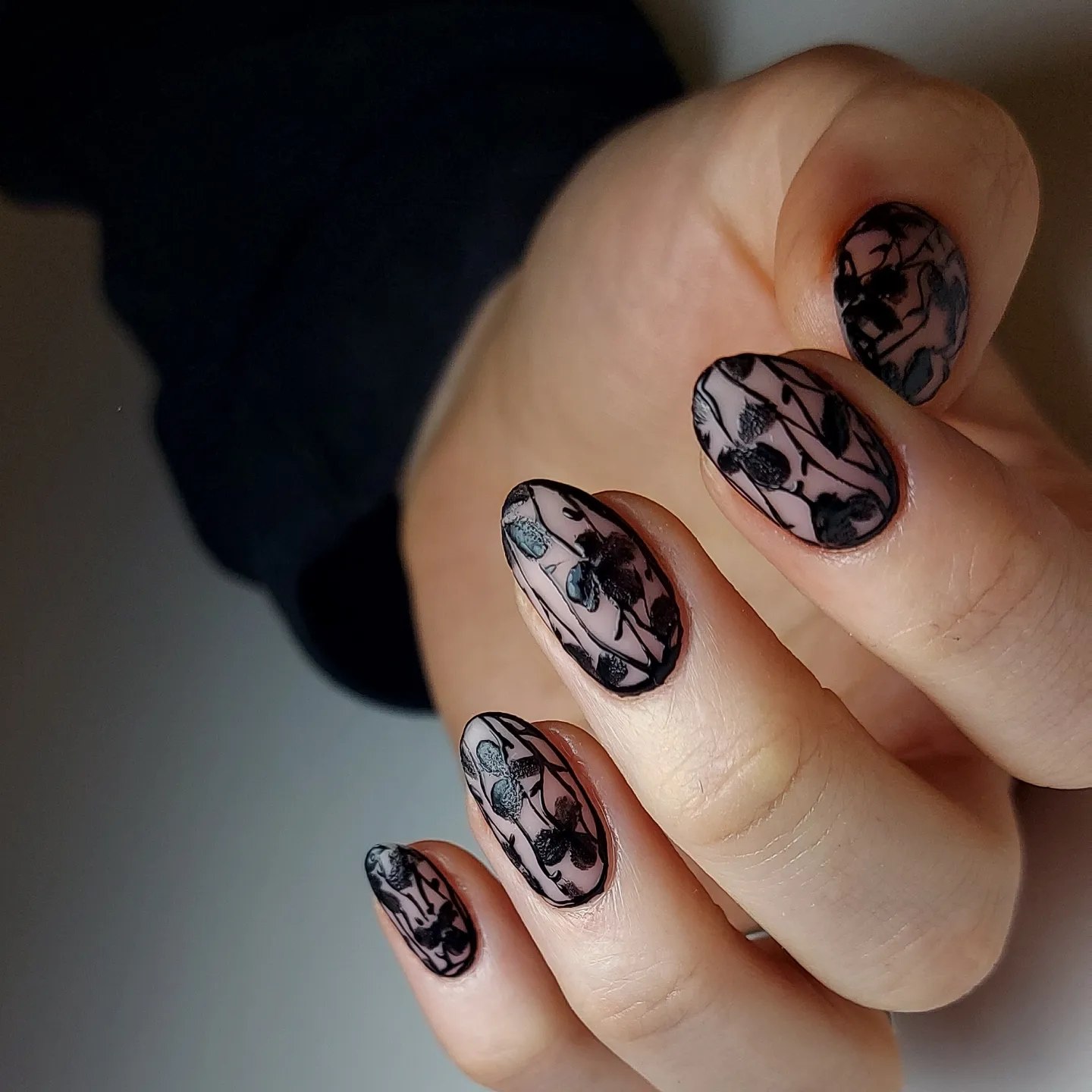 Black Lace Floral Oval Nails