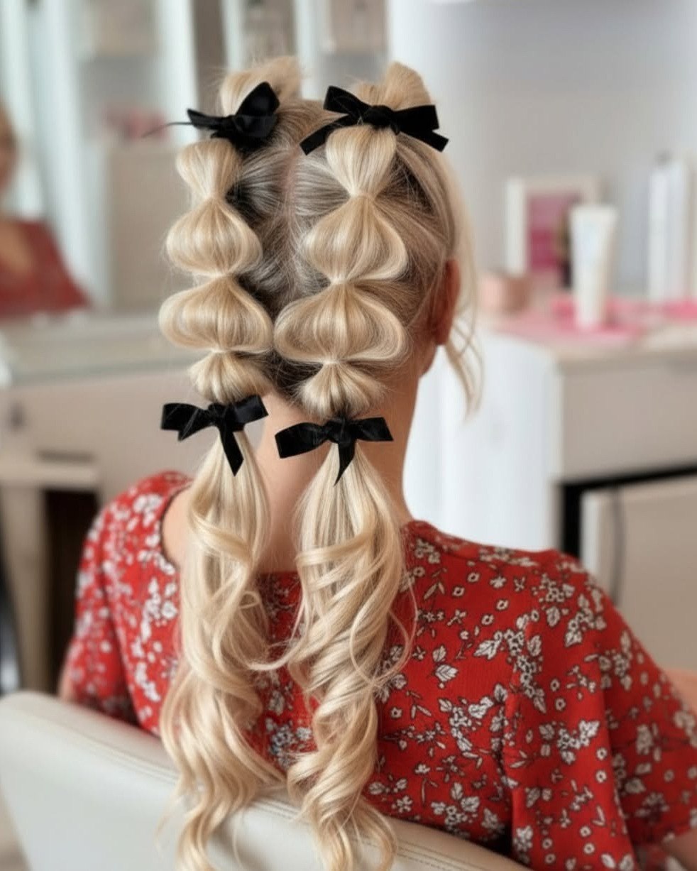 Blonde Bubble Braids With Black Velvet Bows