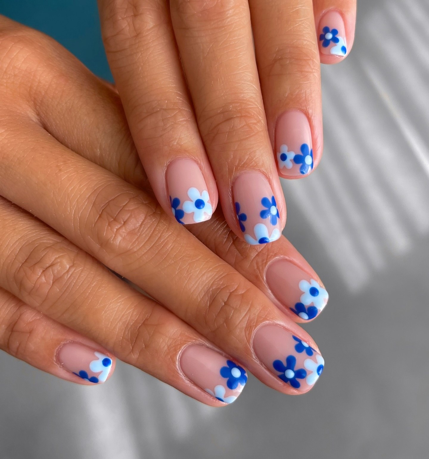 Blue Daisy French Tip Almond Nails