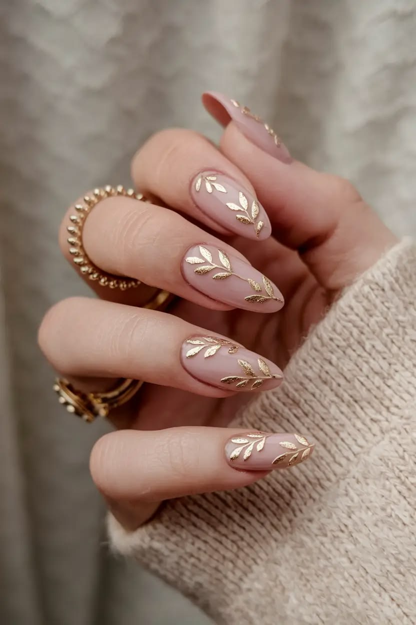 Blush Nude Almond Nails with Gold Leaf Art