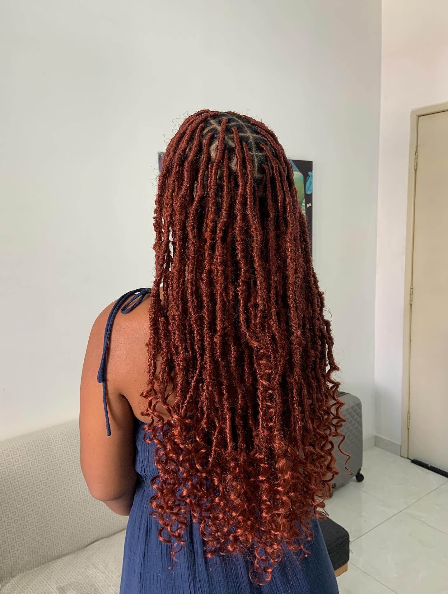 Boho Auburn Faux Locs With Curly Ends