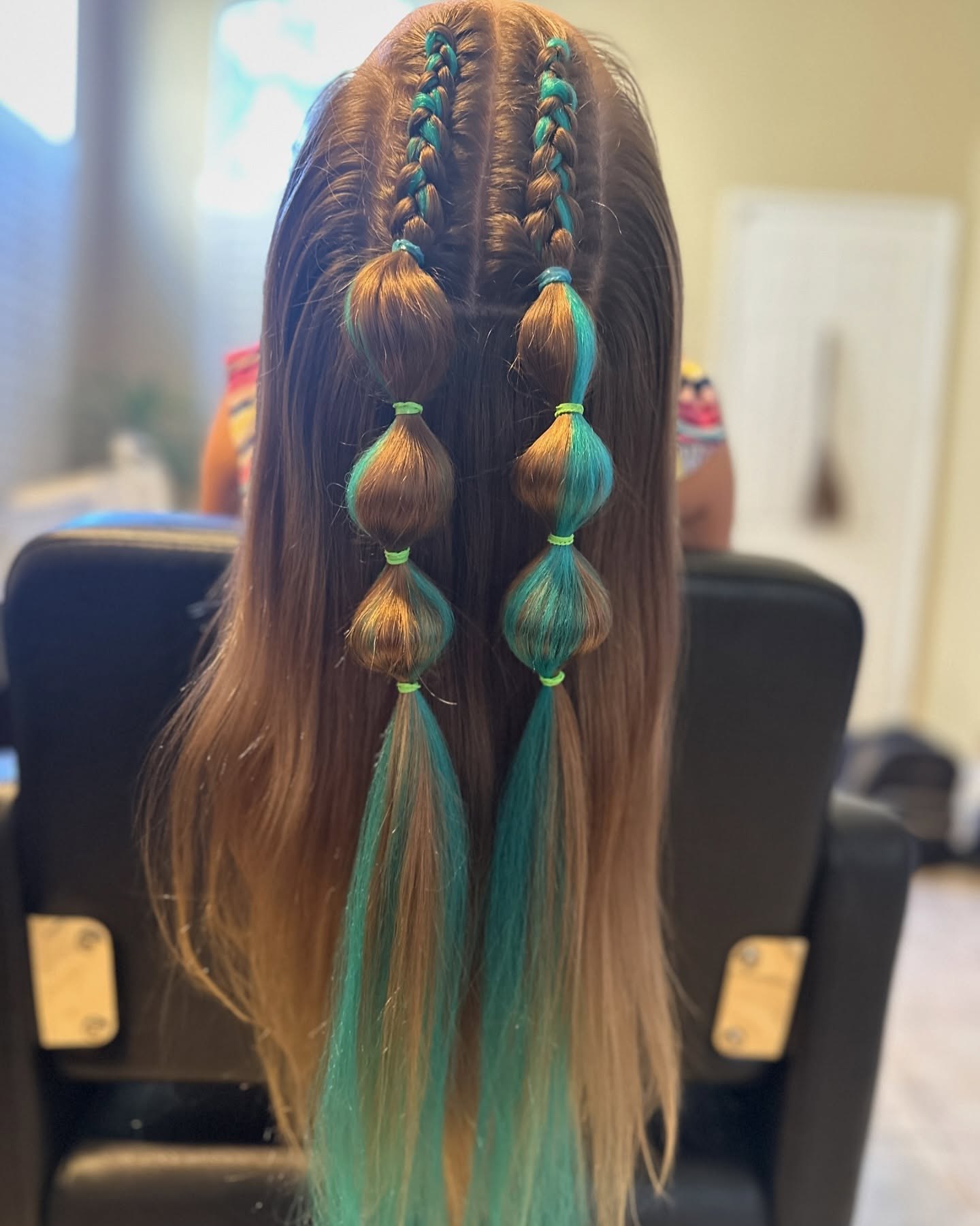 Braided Bubble Ponytails With Teal & Brown Accents