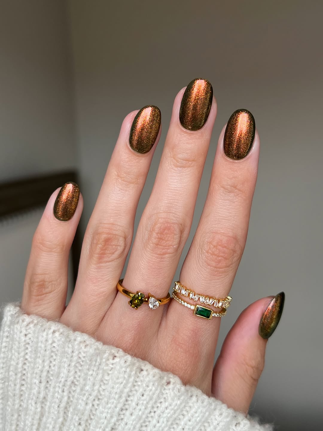 Bronze Metallic Shimmer Oval Nails