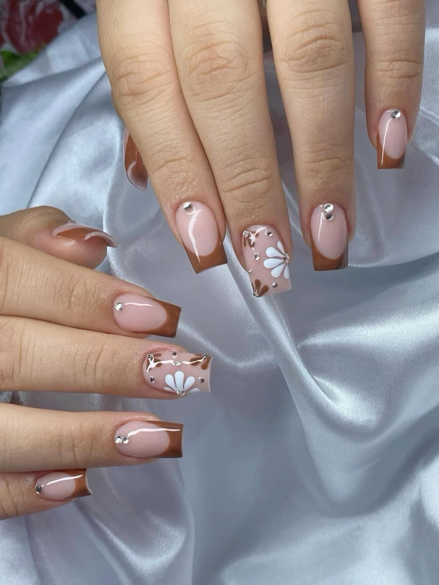 Brown French Tips With Daisy Art & Jewels