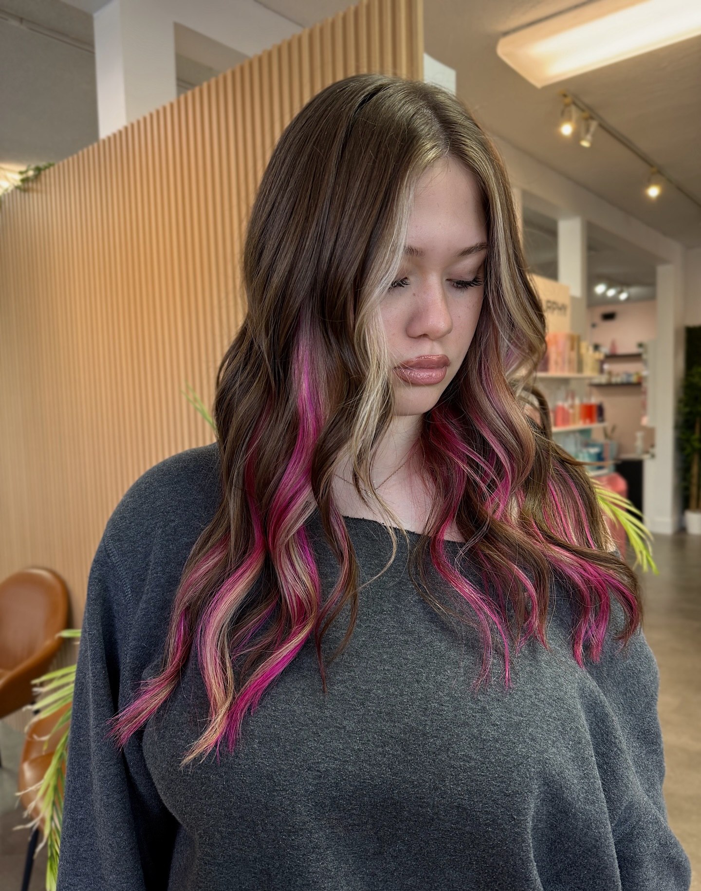 Brunette Waves With Money Piece And Pink Peekaboo