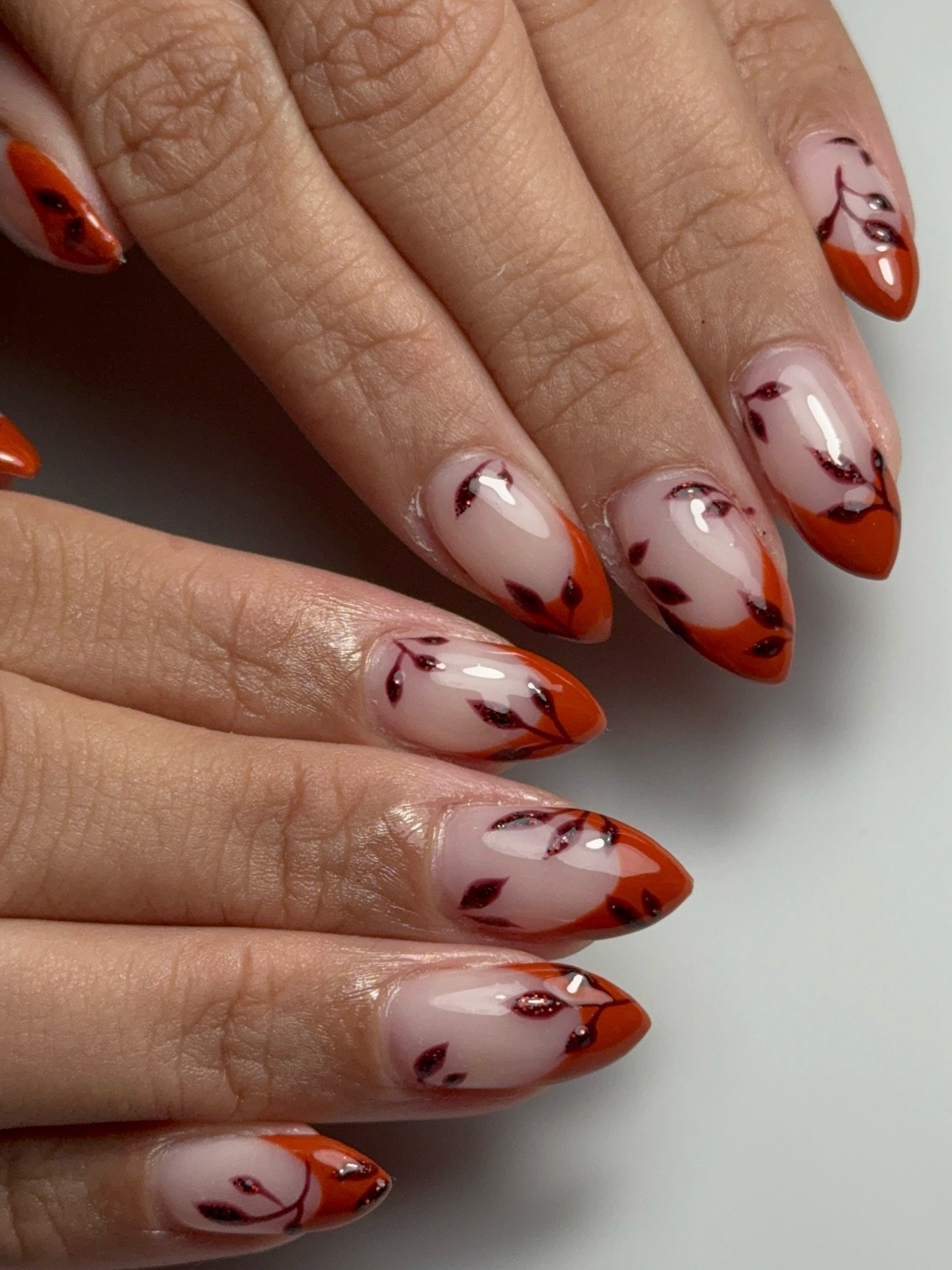 Burnt Orange Leaf French Almond Nails