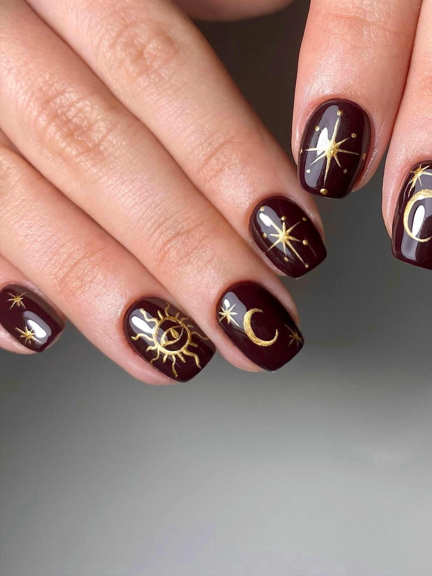 Celestial Sun and Moon Deep Burgundy Nails