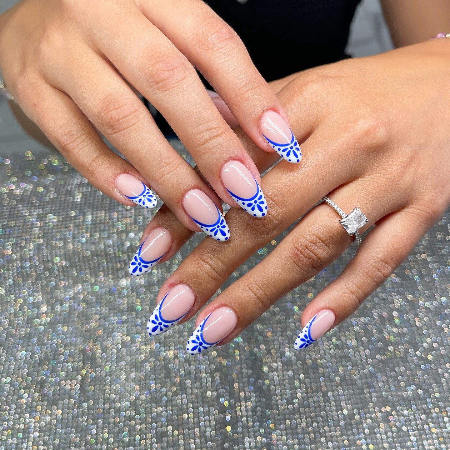 Ceramic Inspired Blue And White Floral French Tips